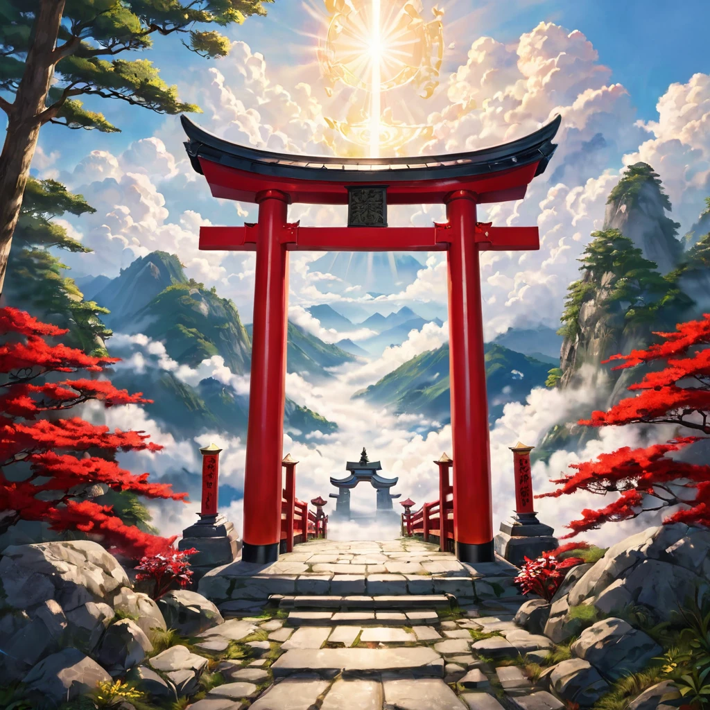 A shrine above the clouds, visiting angels, perfect lighting, a red torii gate, and a sacred space filled with light.