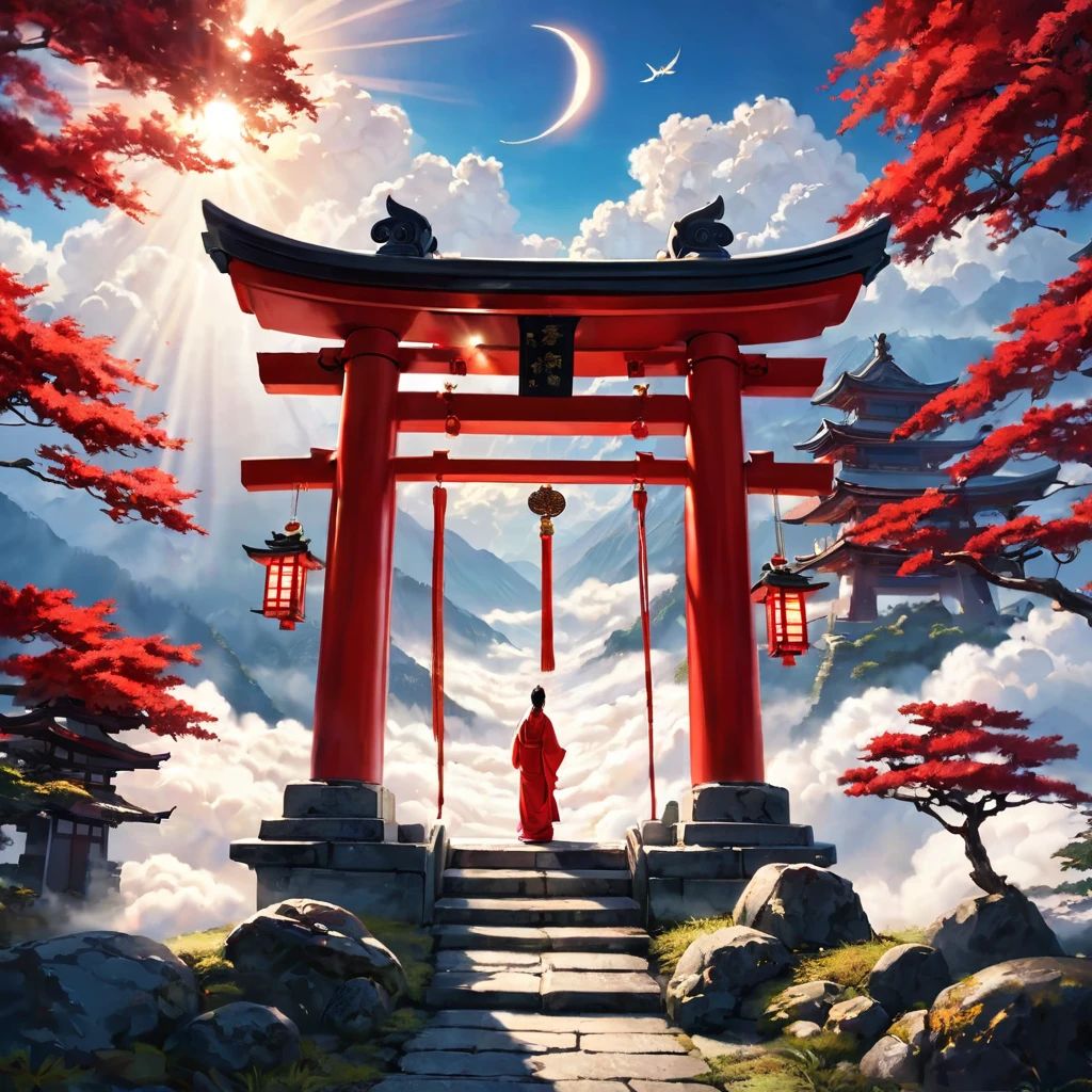 A shrine above the clouds, visiting angels, perfect lighting, a red torii gate, and a sacred space filled with light.