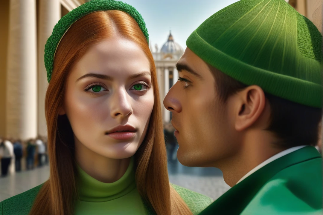 
hyperrealistic, photorealistic, art by paula rêgo, panoramic image of vatican, rome, italy, couple, beautiful woman, volumous upperlips, streak eyes of green, straight long ginger hair, hansome young man, bald, 4k,