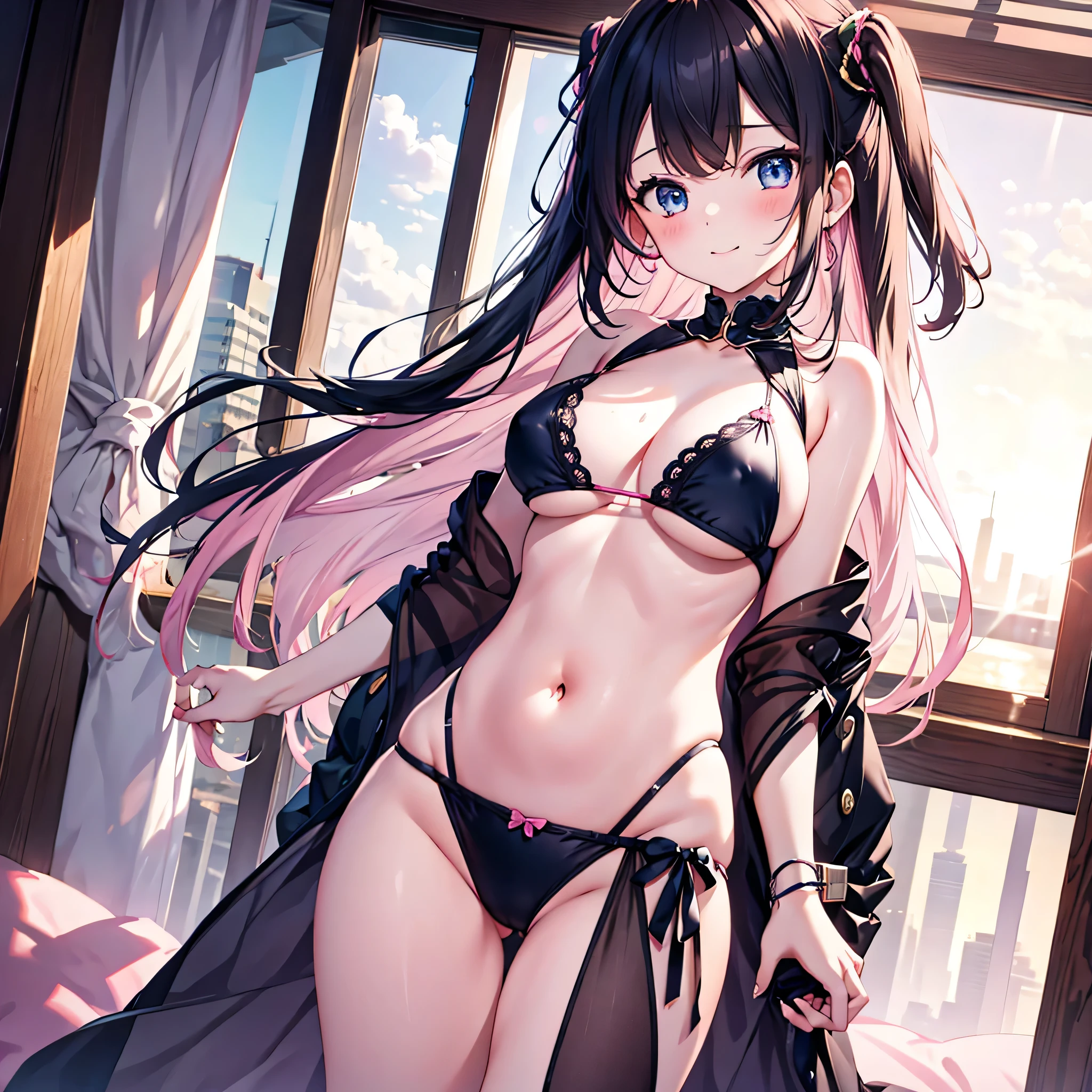 4K,High resolution, (Highly detailed CG,8k,wallpaper)、One five-year-old ,((Young Girl)),((Lori)),(Delicate and slim body),(low length),(Clean detailed eyes,smile),(きれいな整ったLarge Breasts),(Large Breasts),(Huge breasts),(Belly button、Niska,),(Black Hair,Pink inner color hair)