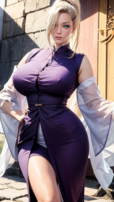 (((Perfect figure,figure,(Purple Hanfu:1.2), wide sleeves,xuer martial arts,(((yamanaka_Ino,1girl, blonde hair, hair ornament, green eyes, ponytail, hairclip, hair over one eye, ))),(((wide hips))),S-shaped figure:1.7))),((masterpiece)),high resolution, ((Best quality at best)),masterpiece,quality,Best quality,((( Exquisite facial features,looking at the audience,There is light in the eyes,lol,confidence))),(((Light and shadow interlace,huge ))),(((looking into camera,sit astride,from below,look up,quicksand,sand )))