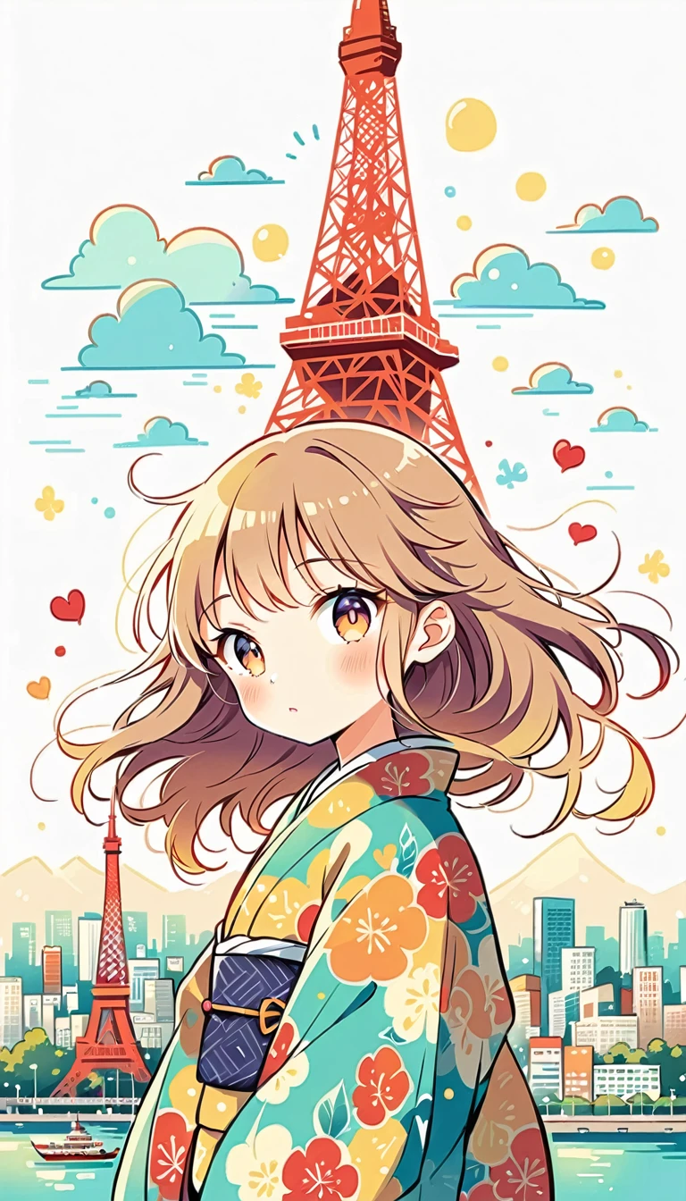 white background, Watase Seizo style, kimono, Simple line initials,shining pupils,((Tokyo Tower, city)), (((The Most Beautiful Girl))), vivid colors,