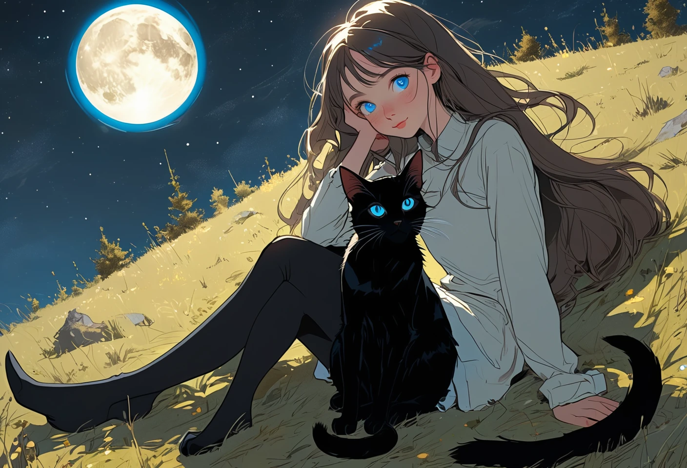 A girl, blue eyes, lying on a moonlit hill, stargazing at the vastness of the universe. A black cat is sitting beside her. Highly detailed 