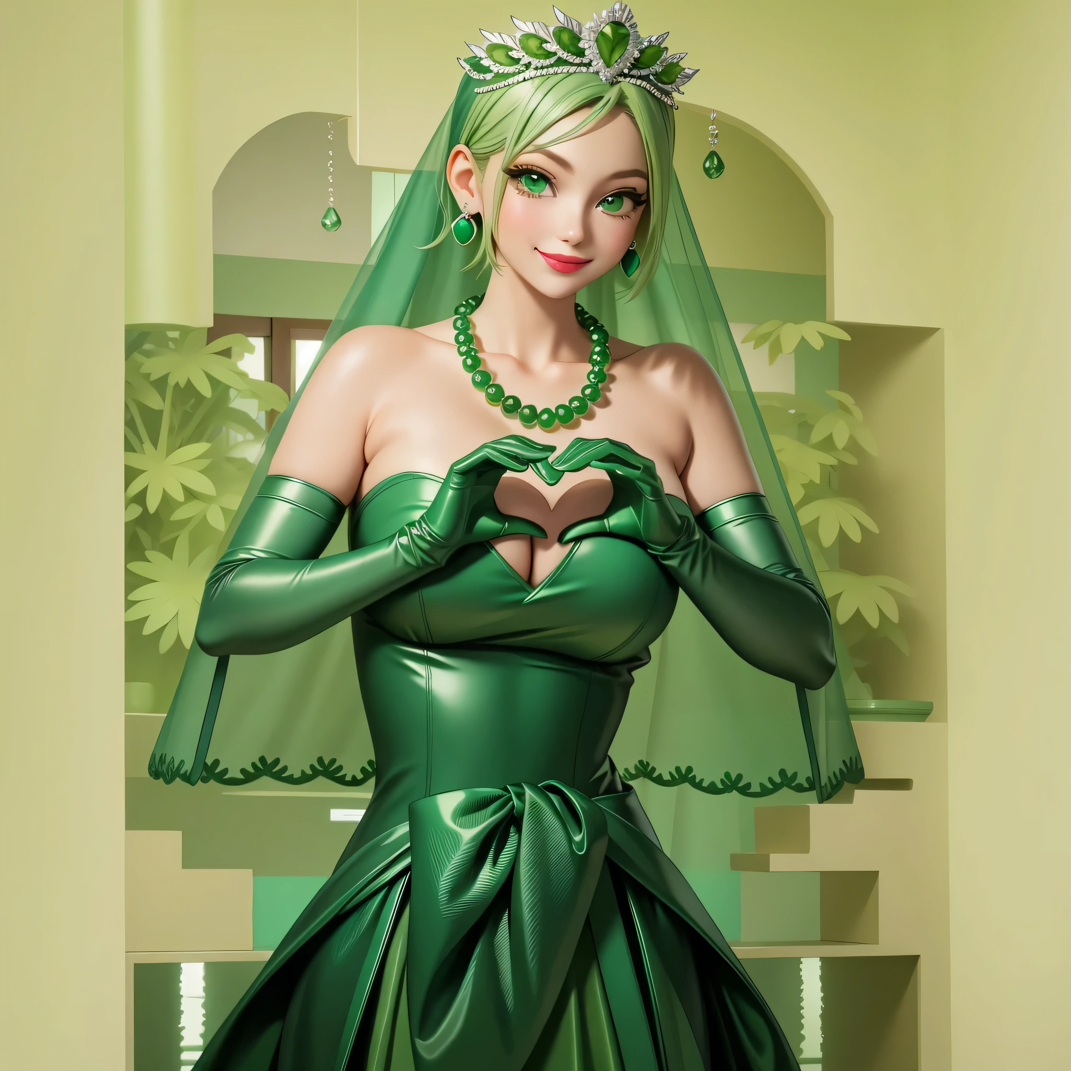 Emerald tiara, Green Pearl Necklace, Boyish very short green hair, Green Lips, Smiling Japanese woman, Very short hair, Busty beautiful lady, Green Eyes, Green satin long gloves, Green Eyes, Emerald Earrings, Green veil, Heart with both hands, Green Hair, Beautiful Japanese Woman, Heart shaped hands:1.3, green lip gloss