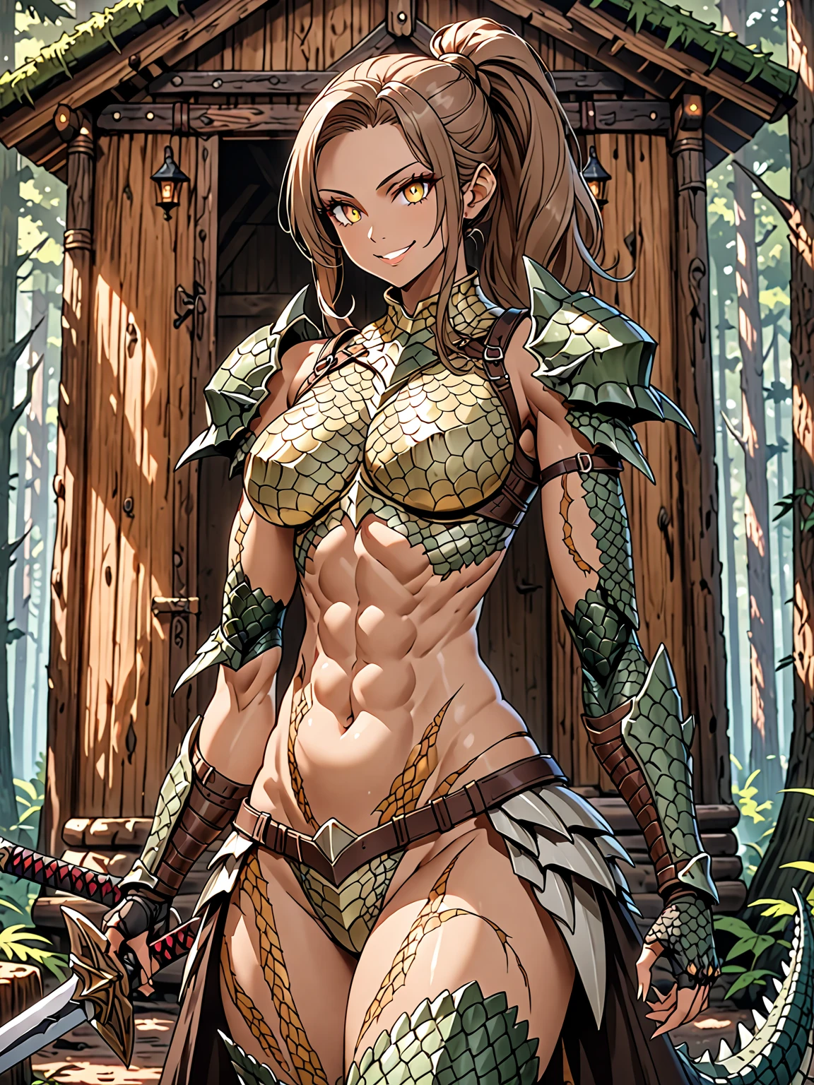 solo, female, sfw, tall, fit, abs, broad shoulders, muscular:0.6, curvaceous, light skin, long brown ponytail, scars, yellow eyes, slit pupils, head fins, scales on arms, scale hands:1.3, forest, wood cabin, day, smile, huge bastard sword behind back, scale armor, leather armor, large breasts, close up, crocodilian tail