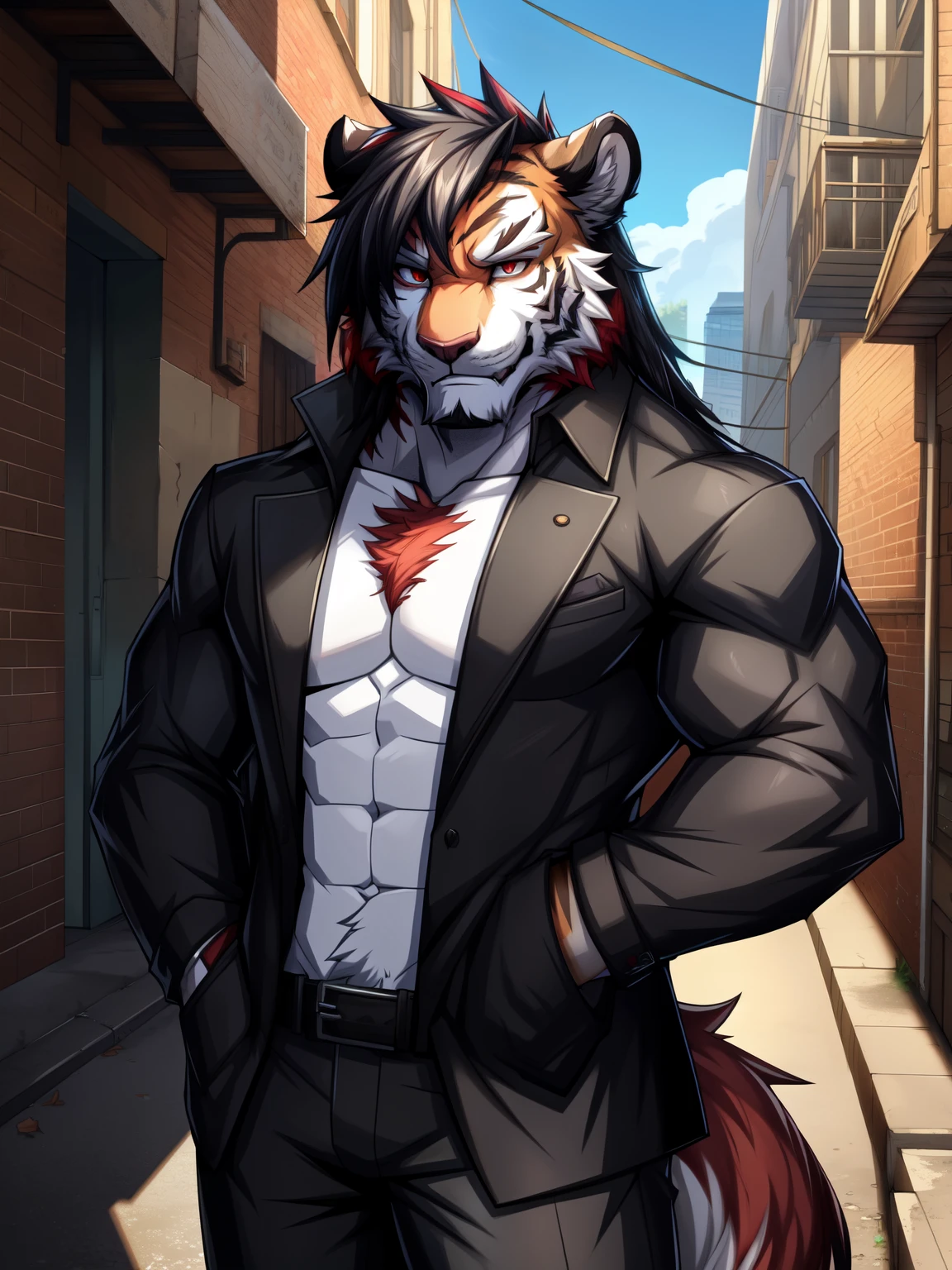 HD quality, wallpaper quality, detailed face, derailed image, solo, anthro, furry, furry male, tiger, ((fluffy fur, fluffy, furry body)), (tiger print), (((red fur))), fluffy tail, red noble outfit, Black noble coat, red eyes, hair tuft, long hair, (white body, bone white body, lean muscles), tiger tail, ((black hair,)), (black muzzle, red forearms), (((red stripes))), detailed fluffy fur, detailed face, detailed eyes, smaller arms (full body,), dark fantasy, valorant,(by DRKS, masterpiece, high quality, hi res,8k hd), close-view portrait, looking at viewer, outdoor, alley way, friendly expression, heavy shadows, lean build, full body, random standing pose,