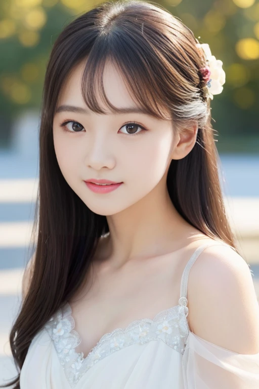 (((masterpiece))), (One beautiful Japan girl, classmates, Pure Innocence,Innocence,kawaii) ,超A high resolution, Realistic, ultra-detailliert, 8K,top-quality, Extremely detailed, Detailed background,A slender,(a baby face,kawaii系,adorable 14 year old girl),(Perfect body:1.1),((straight black hair)),Super Detailed Face、Detailed lips、A detailed eye、Photorealistic:1.37,no-makeup,Smile,show me your beautiful teeth,small gravure idol,Transparent skin、Portrait Mode, and a large depth of field, 45 Degree View, Royal sister, Gentle, ((Best Quality, 8K, masutepiece: 1.3)), Focus: 1.2, Stand sideways, (Chest close-up: 1.3), ((Delicate long hair)), Highly detailed facial and skin texture, Detailed eyes, Double eyelids, long eyelashes, (Snow White skin), Whitening skin, soft chiffon transparent dress, Long skirt, mercury dress, Elegant dress, wearing an elegant slutty dress, soft elegance, Stylish outfit, rosy cheeks, peaceful ambiance, ethereal beauty,