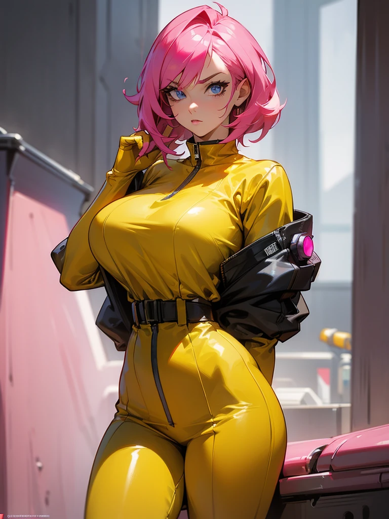 Mature woman with serious look, Facial Focus, big pink hair, shining blue eyes, wearing a mustard yellow jumpsuit, breasts big, looking 35 years old, eye on the spectator, look to the camera, , the background is a cyberpunk battlefield, Free hands, thick-thighs, ((look ahead)), Masterpiece artwork,