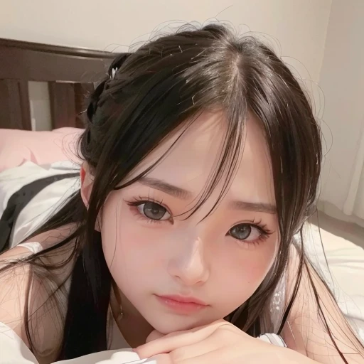 １Man Woman、Slender beautiful girl:1.3、Pony tail、huge tit、undergarment、Black、on the beds、hyperdetailed face、ultradetailed eyes、double eyelid、A smile、Kamimei、((in 8K、Raw photography、top-quality、​masterpiece:1.2))、(realisitic、photo realisitic:1.3)