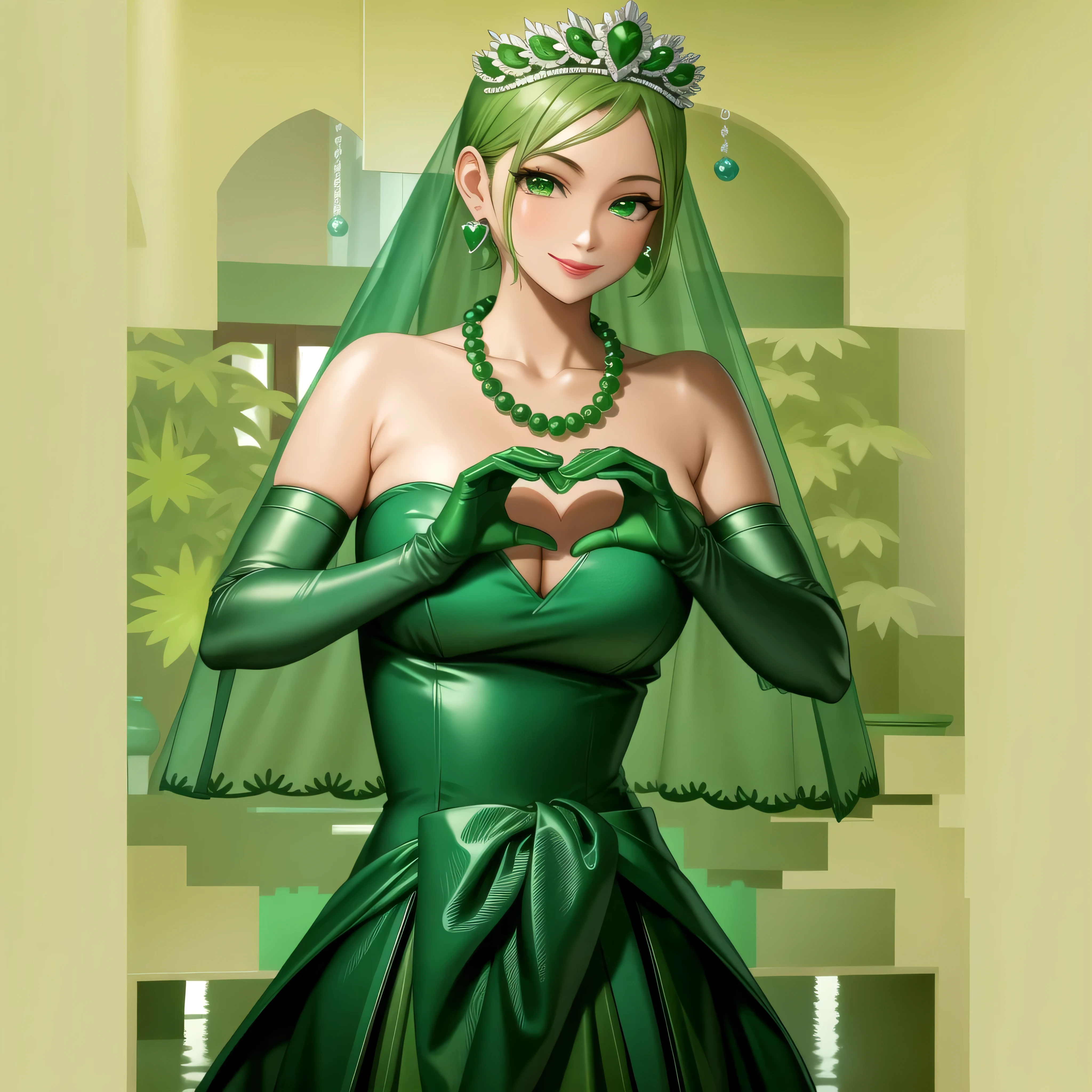Emerald tiara, Green Pearl Necklace, Boyish very short green hair, Green Lips, Smiling Japanese woman, Very short hair, Busty beautiful lady, Green Eyes, Green satin long gloves, Green Eyes, Emerald Earrings, Green veil, Heart with both hands, Green Hair, Beautiful Japanese Woman, Heart shaped hands:1.3, green lip gloss