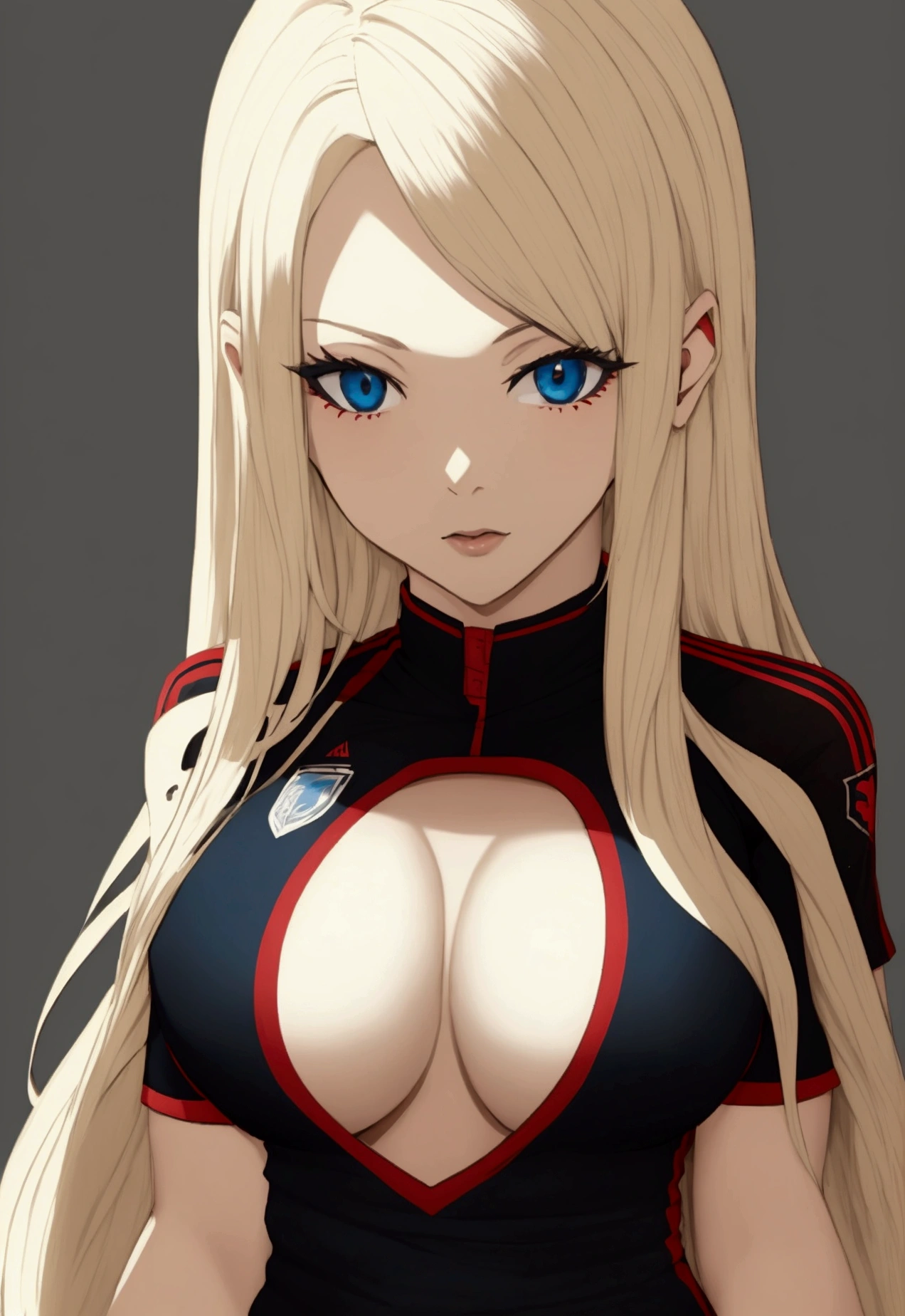 woman blue eyes blonde soccer clothes black with red ,busty,culona