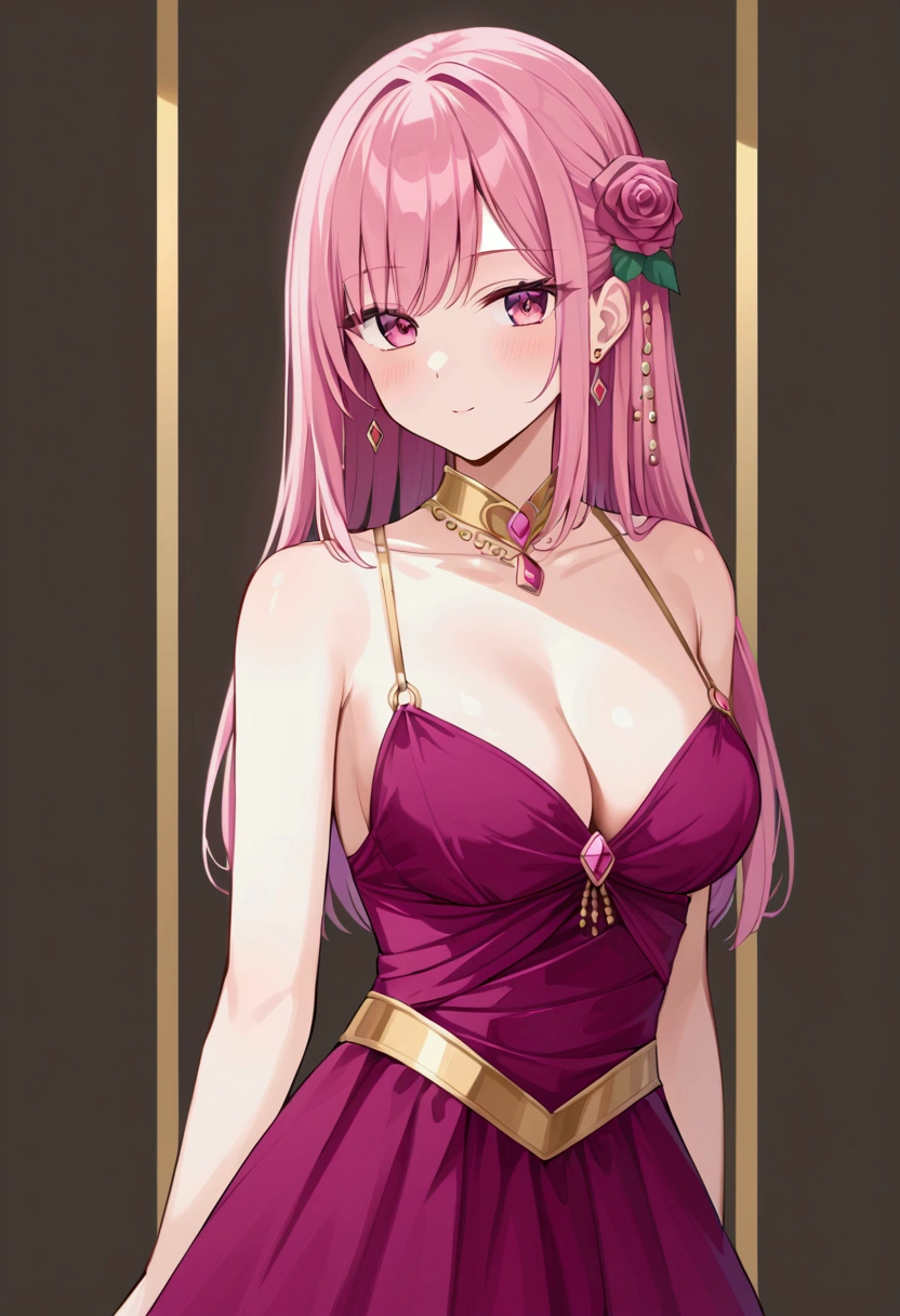Adorable fair skinned pink haired magenta eyed European young woman pink gold rose gold color theme outfit