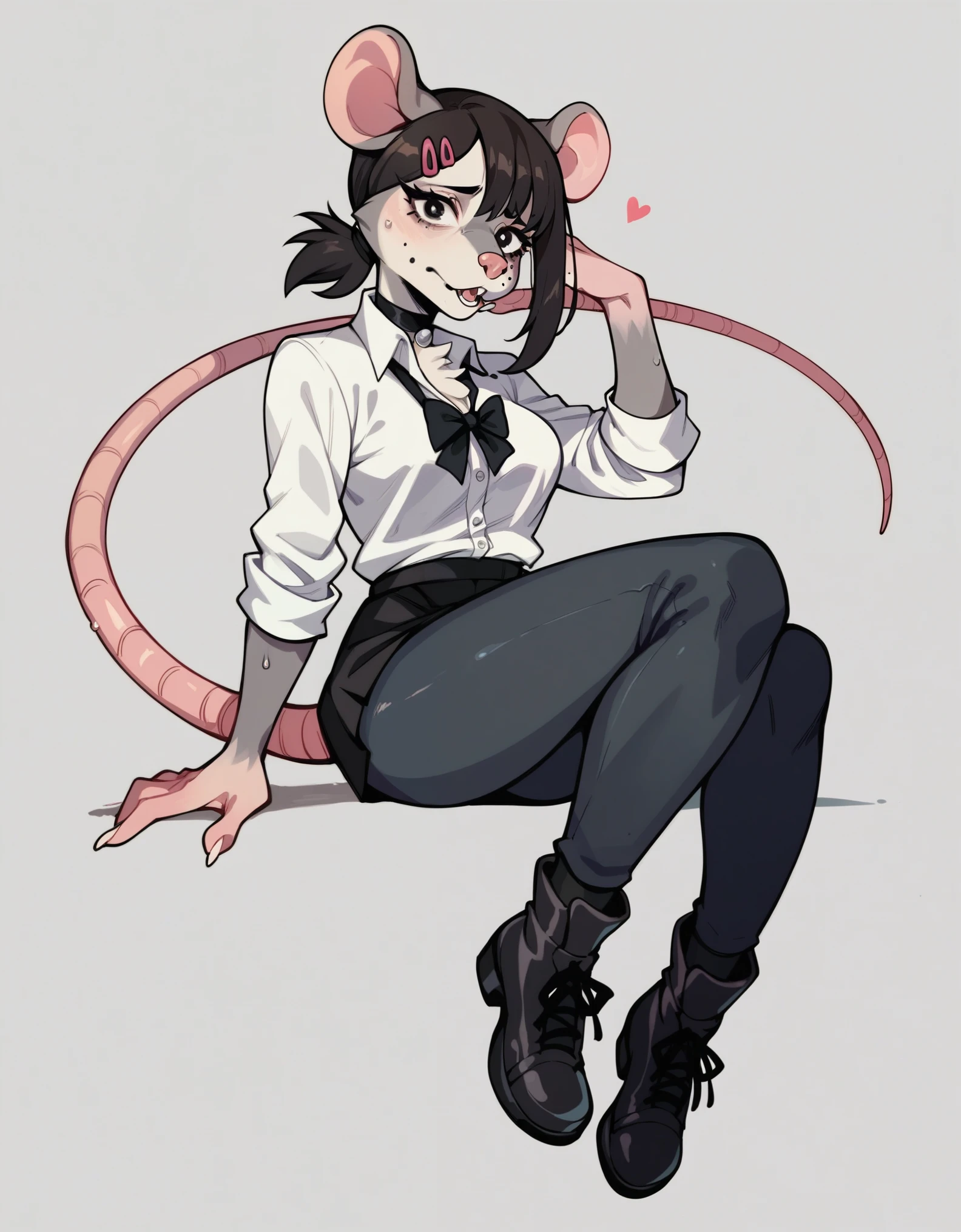 score_9,score_8_up,score_7_up, source_furry, Anthro, kobeni higashiyama, she is an Anthro furry rat girl, grey fur, pink nose, rat ears, tail,