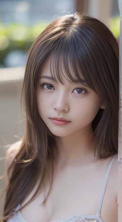 Smile、natta、Raw photography、(((Portrait of extreme beauty)))、((glistning skin))、1 girl、17-year-old beautiful girl in Prague、bright expression、((brown haired))、(Show cleavage)、(Cotton Camisole)、[Big blue eyes that shine like jewels]、Glossy glossy skin、Silky long straight hair、eye liner、Beautiful bangs、Hair between the eyes、((​masterpiece、top-quality、Ultra-detail、Film Light、intricate-detail、hight resolution、ighly detailed))、Detailed background、8 KUHD、Digital SLR、Soft light、hightquality、Film grain、fujifilmxt3 、Shallow depth of field、natural soft light、Kamimei、beutiful breast、cowboy  shot