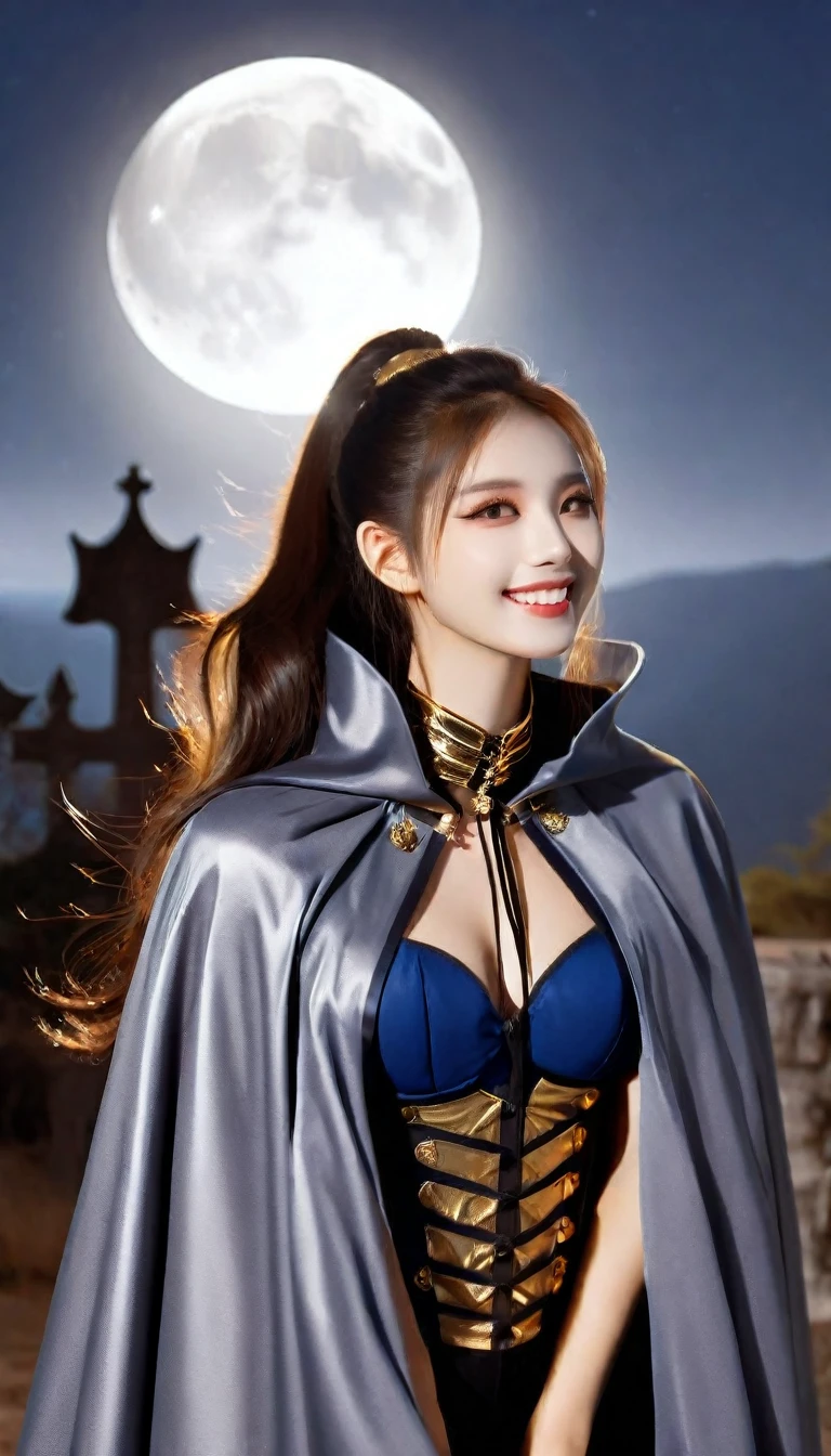 (RAW photo, best quality, masterpiece, ultra-detailed, high res), (realistic),(extremely delicate and beautiful:1), mesmerizing woman with long hair in sleek high ponytail , (((wearing glossy silver and gold lined cloak fastened at the neck :1.20))), crop top and hotpants , moonlit graveyard , detailed features, smiling expression of feelings, imaginative, highly detailed, extremely high-resolution details, photographic, realism pushed to extreme, fine texture, 4k, ultra-detailed, high quality, high contrast, full body shot