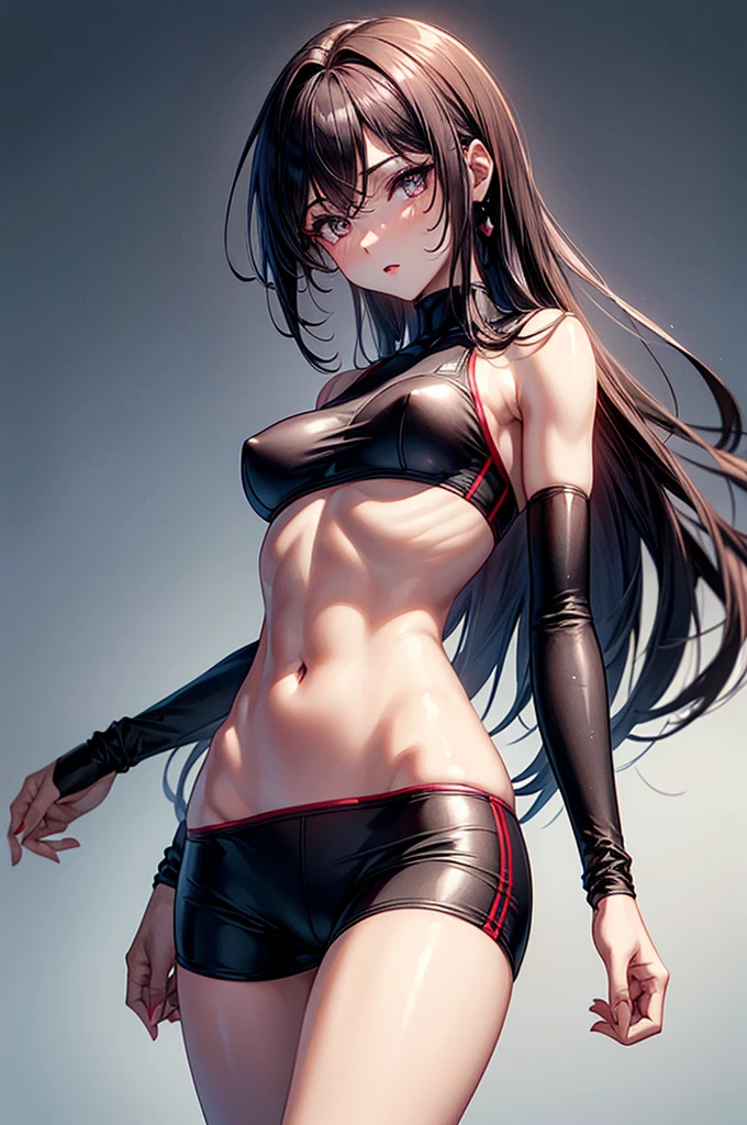 ((highest quality)),(ultra high resolution),(Super detailed), (best work of art), (ung girl:1.5), beautiful and well-shaped face:1.5,(Beautiful skin with precise and detailed depiction:1.6),(sports bra and waist band nylon shorts ),gorgeous, masterpiece, best quality, high-resolution, finely detailed, extremely detailed and beautiful, distinct-image, hourglass figure,, 1 girl, 18 year old teen, solo, sharp facial features, oval shaped face. cherry red lips,. velvet-colored eyes, C-cup breasts, tall height(175cm), slim curves, toned body type, flowing waist length ink-black dark violet hair, small narrow waist, long and slender legs, curvy wide hips, modern athletic setting, lightly tanned white skin