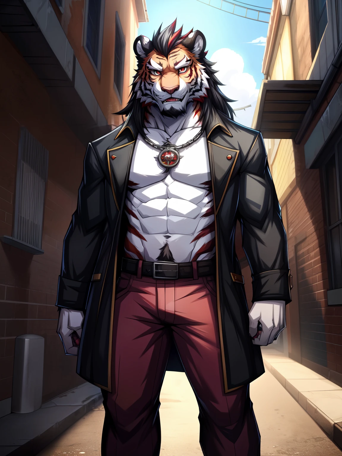 HD quality, wallpaper quality, detailed face, derailed image, solo, anthro, furry, furry male, tiger, ((fluffy fur, fluffy, furry body)), (tiger print), (((red fur))), fluffy tail, red noble outfit, Black noble coat, red eyes, hair tuft, long hair, (white body, bone white body, lean muscles), tiger tail, ((black hair,)), (black muzzle, red forearms), (((red stripes))), detailed fluffy fur, detailed face, detailed eyes, smaller arms (full body,), dark fantasy, valorant,(by DRKS, masterpiece, high quality, hi res,8k hd), close-view portrait, looking at viewer, outdoor, alley way, friendly expression, heavy shadows, lean build, full body, random standing pose,