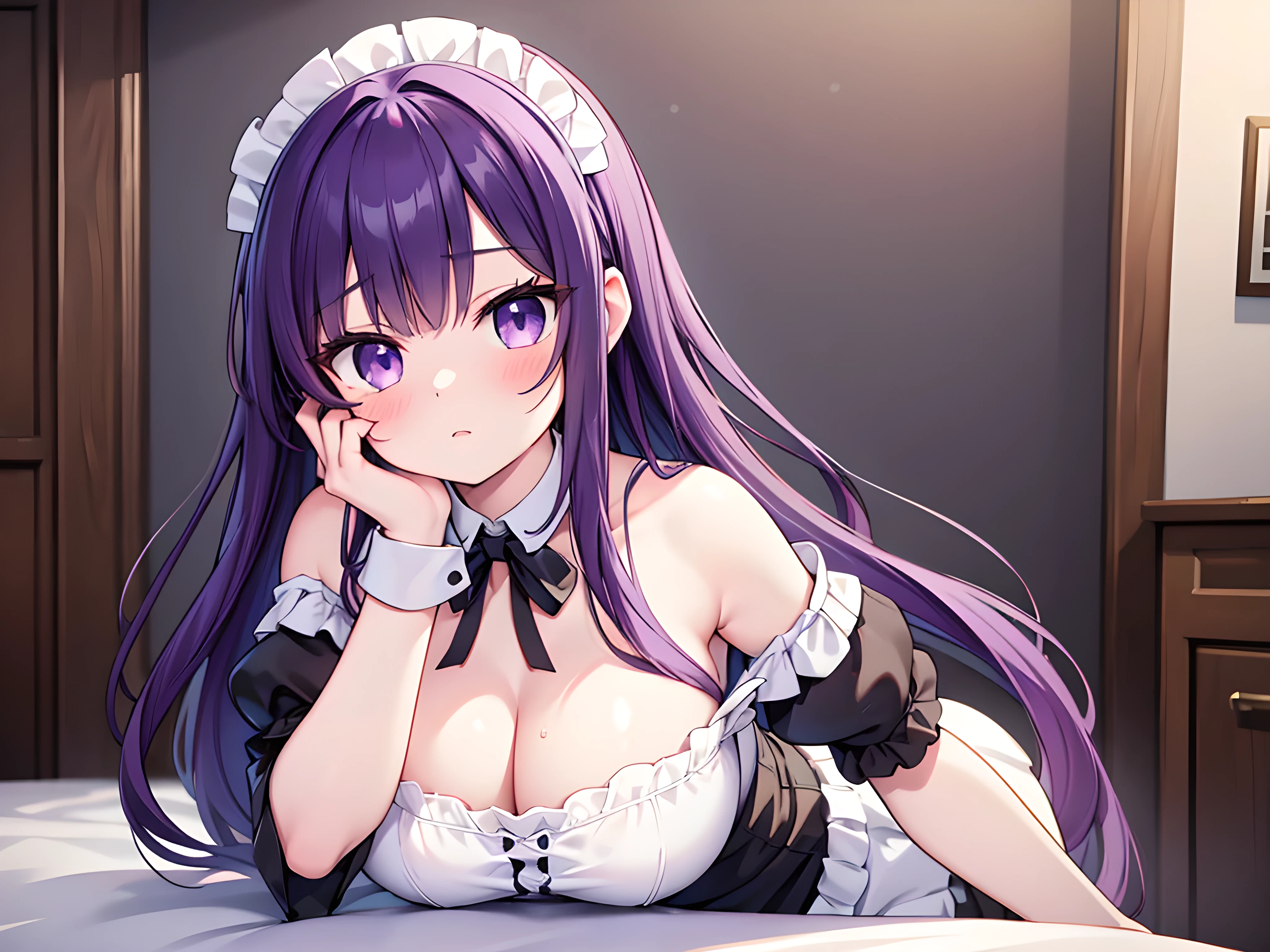 Rarity,  purple hair white skin, without upper clothing, purple thigh-high stockings, garter belt in each stocking, White skirt, sexy purple panty, on his knees in front of me, crying, closed eyes, sad, pov me hace Paizuri, POV my penis between her breasts, from above his head.