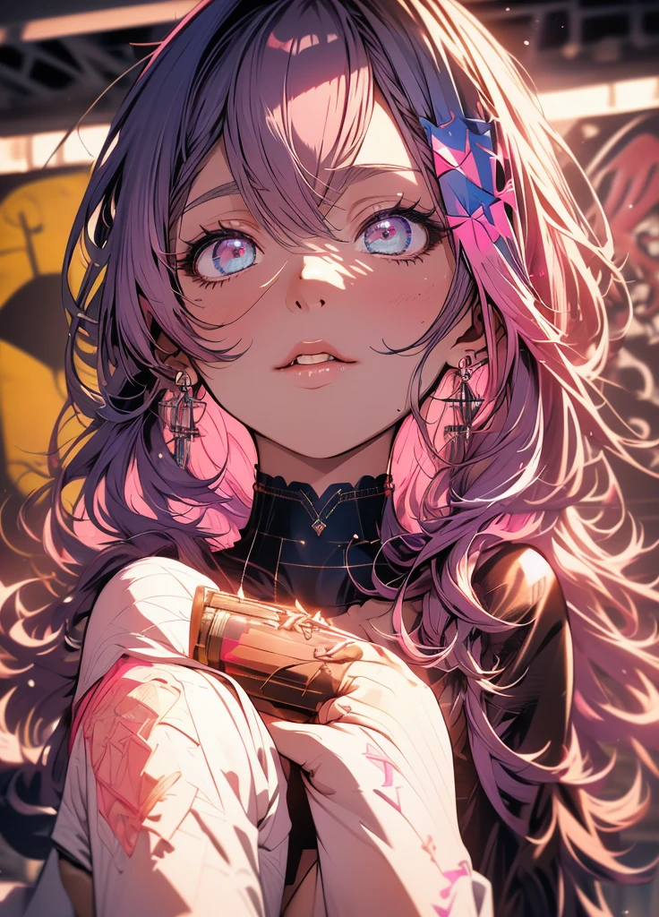 (masterpiece, best quality, 1girl, solo, dark skinned woman, black skin, intricate details, chromatic aberration), realistic, long hair, pink hair, red head ornament, pink highlights, hair over one eye,purple eyes, earrings, sharp eyes, choker, neon shirt, open jacket, crop top, long boots, (symmetry eyes),(perfect symmetrical body),against wall, brick wall, graffiti, dim lighting, alley ,look at viewer, showing all body, whole body on picture (head to toes), sexy pose, posing for a picture