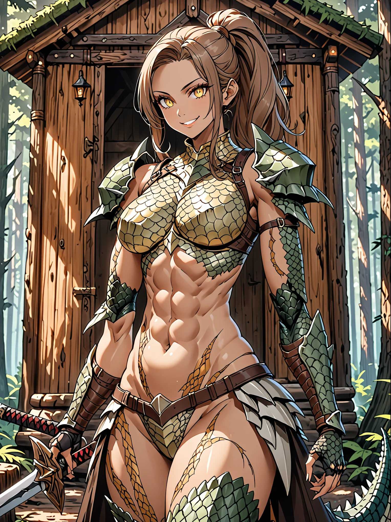 solo, female, sfw, tall, fit, abs, broad shoulders, muscular:0.6, curvaceous, light skin, long brown ponytail, scars, yellow eyes, slit pupils, head fins, scales on arms, scale hands:1.3, forest, wood cabin, day, smile, huge bastard sword behind back, scale armor, leather armor, large breasts, close up, crocodilian tail