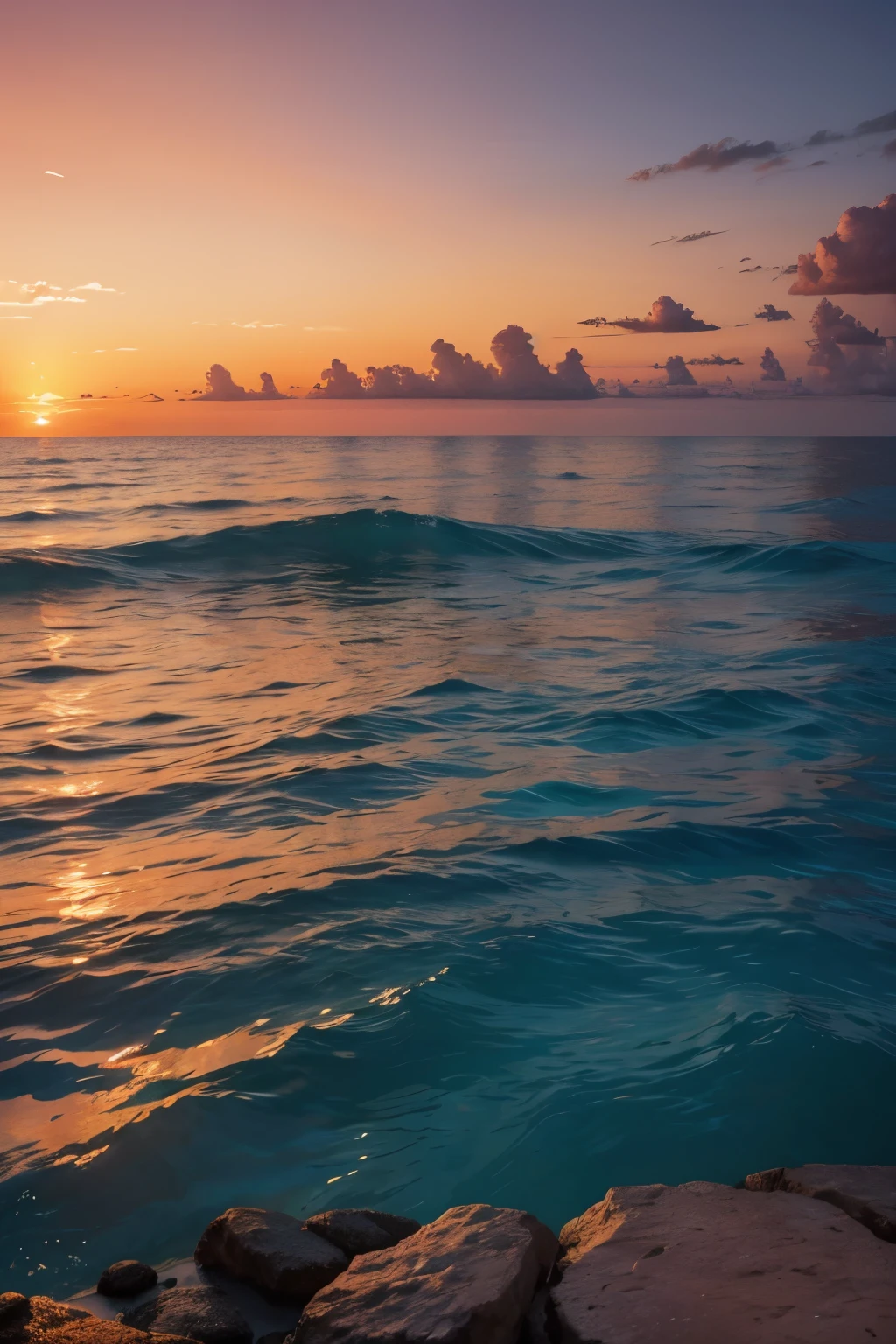 hyperrealistic photo,Sunset on the turquoise sea,reddish and orange sky.