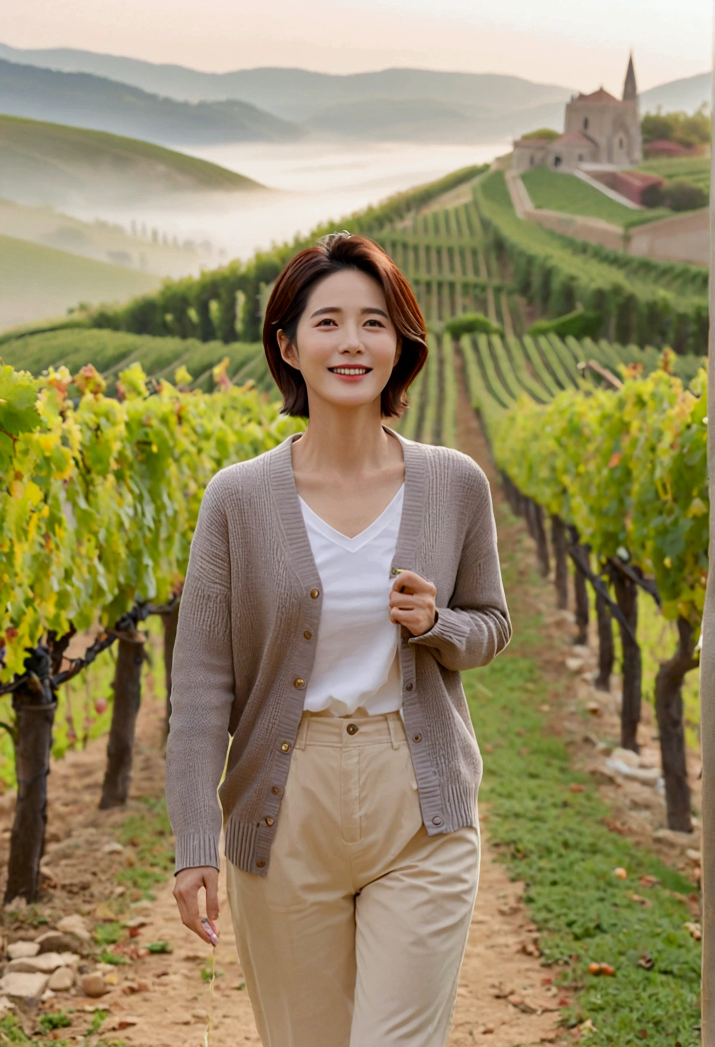 best quality, In 8K, 32K, Photo of a beautiful 36-year-old Korean woman, short medium hair, Inspired by Son Ye-jin, whole body, face focus, Shirt that goes up to the neck and a short cardigan from a luxury brand, beige casual pants, Italian countryside vineyard background, Ranged、make a happy face, 새벽 진한 한개속 The cathedral is visible in the distance, There is thick fog, path, looking up the side, Wear a shirt that covers your chest, The cathedral is visible in the distance, Photo of endless vineyard scenery, look up the side. thick dawn fog, Well-groomed hair, Photo of an elegant and modest woman, Endless vineyards, Vivid picture quality, Clear picture quality, The cathedral is visible in the distance. 언덕 위 path