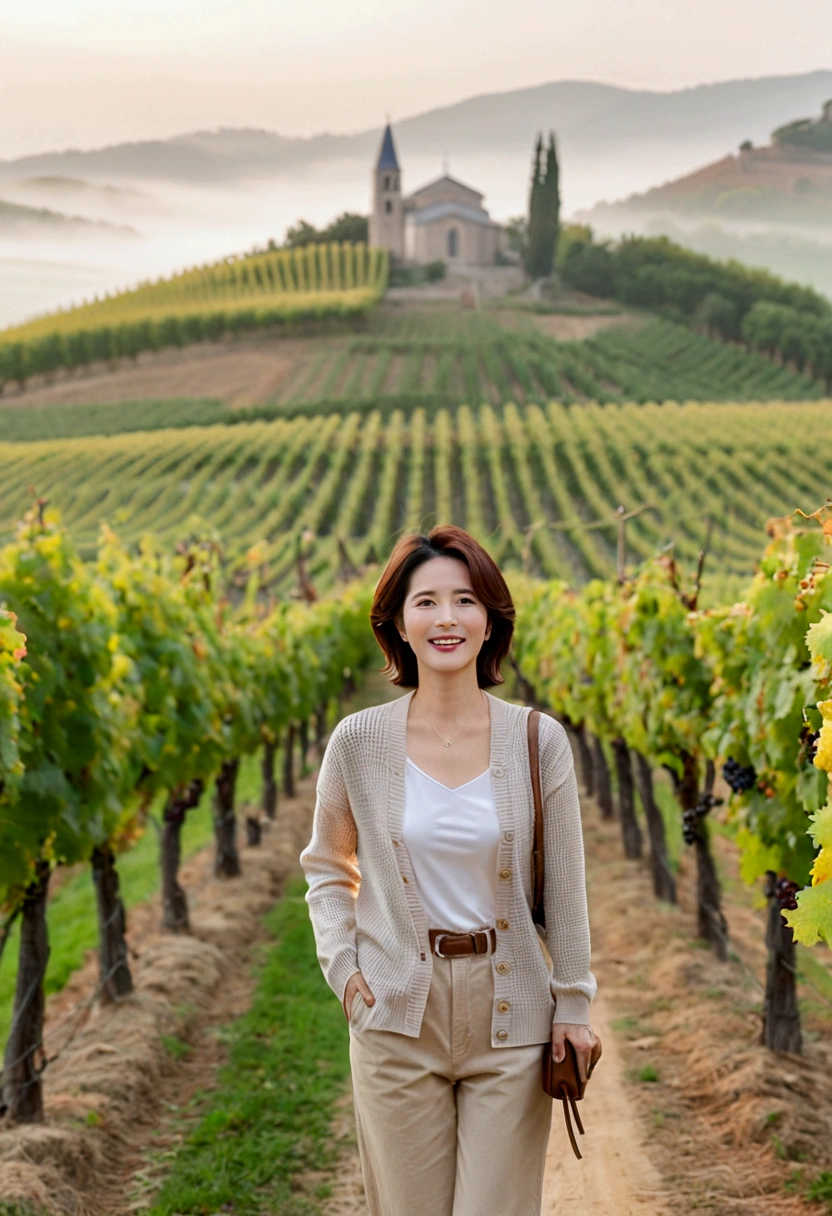 best quality, In 8K, 32K, Photo of a beautiful 36-year-old Korean woman, short medium hair, Inspired by Son Ye-jin, whole body, face focus, Shirt that goes up to the neck and a short cardigan from a luxury brand, beige casual pants, Italian countryside vineyard background, Ranged、make a happy face, 새벽 진한 한개속 The cathedral is visible in the distance, There is thick fog, path, looking up the side, Wear a shirt that covers your chest, The cathedral is visible in the distance, Photo of endless vineyard scenery, look up the side. thick dawn fog, Well-groomed hair, Photo of an elegant and modest woman, Endless vineyards, Vivid picture quality, Clear picture quality, The cathedral is visible in the distance. 언덕 위 path