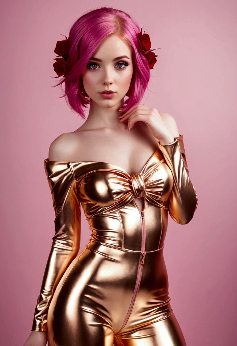 Adorable fair skinned pink haired magenta eyed European  and slender young woman pink gold rose gold color theme outfit