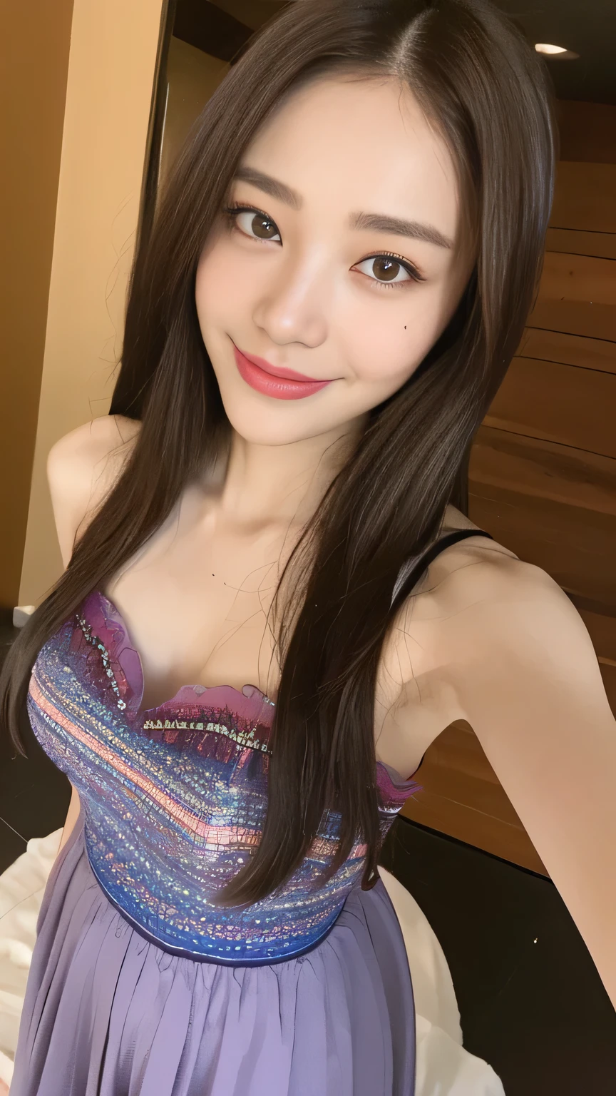 seed:2020674263.((Full body angle:1.1)).((Highest quality, 8k, masterpiece:1.3)), ((from below:1.1)).concentrated:1.2, Perfect body beauty:1.4, Hips:1.2, ((Delicate Hair)), (Colorful waist cinematographed dress :1.1) , ((Highest quality、8k、masterpiece:1.3))、１girl、A sloppy smile、Esbian all over body、Slim face、Big 、Beautiful woman、(Dark Brown Hair)、Long Hair、1.1、Flickering Valley、Detailed eyes、double eyelid、Blurred Background、超Slim face、Smile、Looking down、stroll、