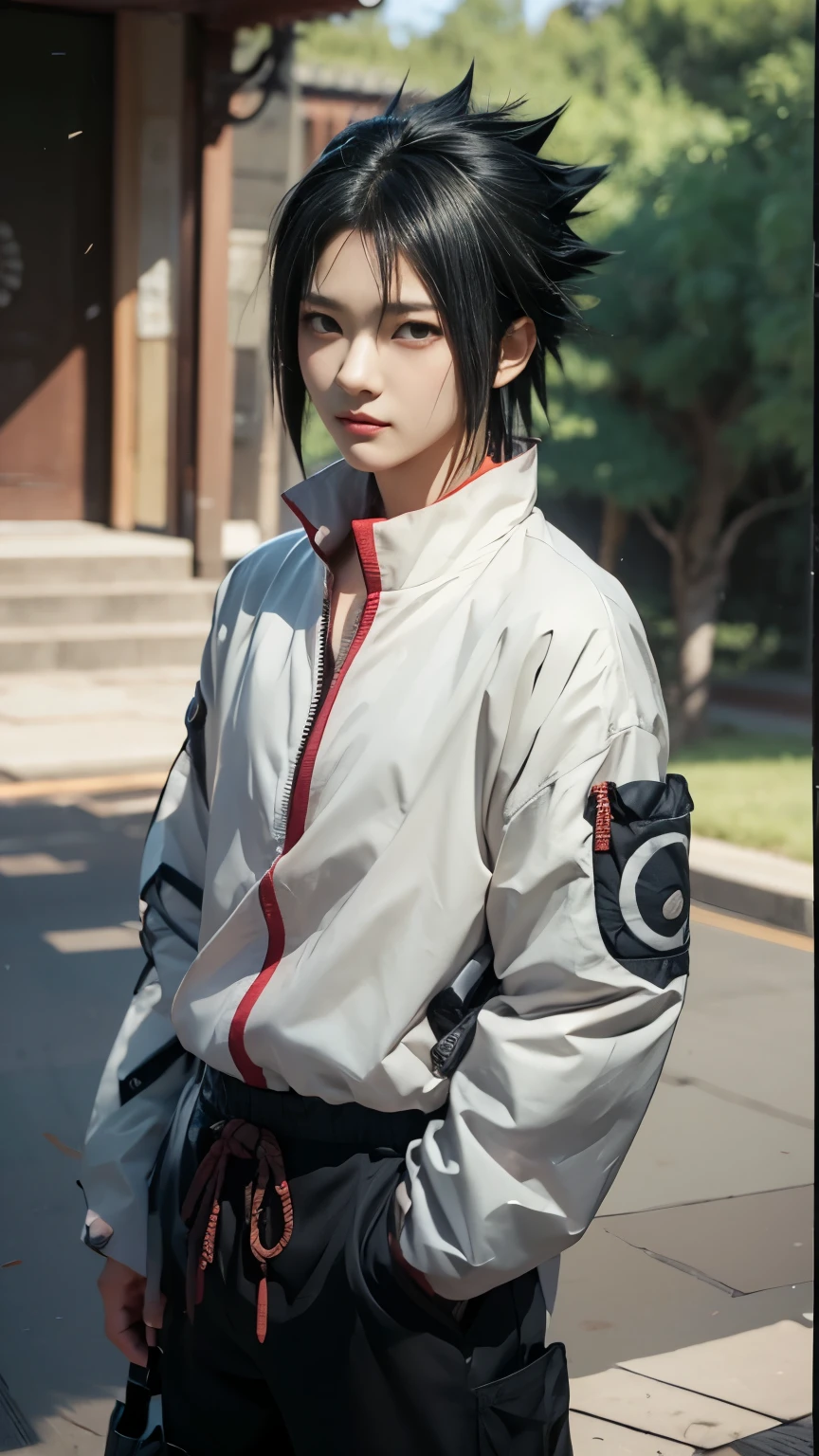 Uciha sasuke, naruto shippuden, black hair, red eyes, wearing a white clothes, friendly face, modern city background, detailed hand, detailed face, detailed eye, chinematic light effect, ultra-realistic, ultra-detailed, bestquality, masterpiece.