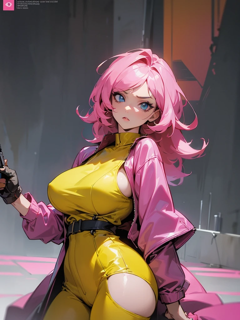 Mature woman with serious look, Facial Focus, big pink hair, shining blue eyes, wearing a mustard yellow jumpsuit, breasts big, looking 35 years old, eye on the spectator, look to the camera, , the background is a cyberpunk battlefield, Free hands, thick-thighs, ((look ahead)), Masterpiece artwork,