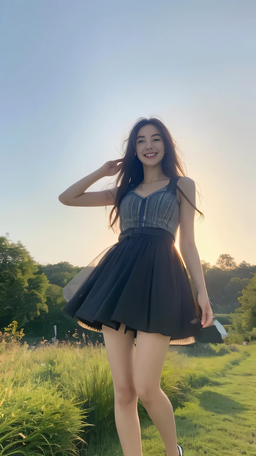 seed:2020674263.((Full body angle:1.1)).((Highest quality, 8k, masterpiece:1.3)), ((from below:1.1)).concentrated:1.2, Perfect body beauty:1.4, Hips:1.2, ((Delicate Hair)), (Colorful waist cinematographed dress :1.1) , ((Highest quality、8k、masterpiece:1.3))、１girl、A sloppy smile、Esbian all over body、Slim face、Big 、Beautiful woman、(Dark Brown Hair)、Long Hair、1.1、Flickering Valley、Detailed eyes、double eyelid、Blurred Background、超Slim face、Smile、Looking down、stroll、
