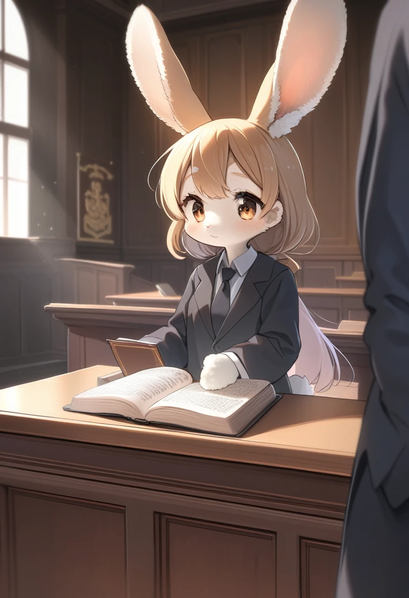 ((Masterpiece)), ((Best Quality)), (Very Detailed), ((Very Detailed)), 4K, (8K), very aesthetic, absurdres highres, 1 girl, (anthropomorphic Rabbit, furry, kemono:1.5), A scene in which a lawyer wearing a black robe holds a thick law book in his hand and speaks powerfully to the judge with a serious expression on his face in a solemn courtroom. Wooden courtroom furniture and decorations are in the background, warm lighting lends a sense of confidence, and a scale, a symbol of law, hangs on the wall.
