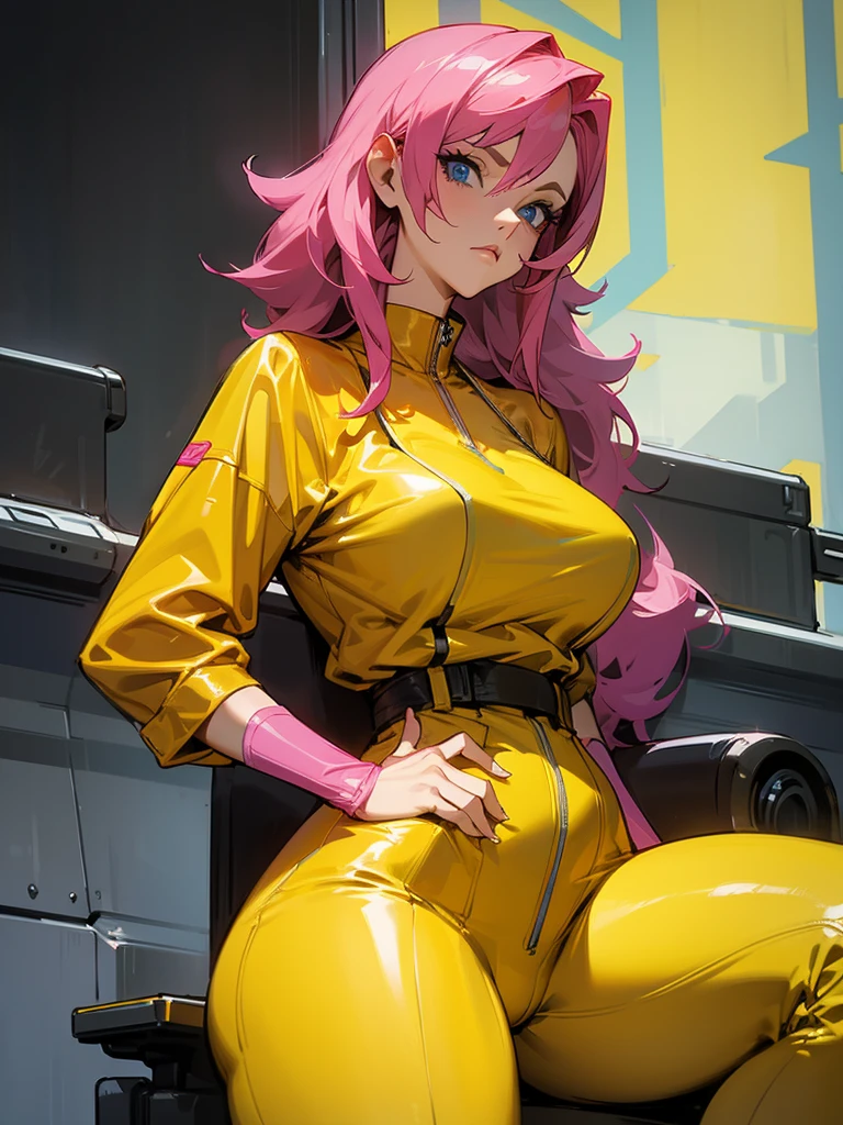 Mature woman with serious look, Facial Focus, big pink hair, shining blue eyes, wearing a mustard yellow jumpsuit, breasts big, looking 35 years old, eye on the spectator, look to the camera, , the background is a cyberpunk battlefield, Free hands, thick-thighs, ((look ahead)), Masterpiece artwork,
