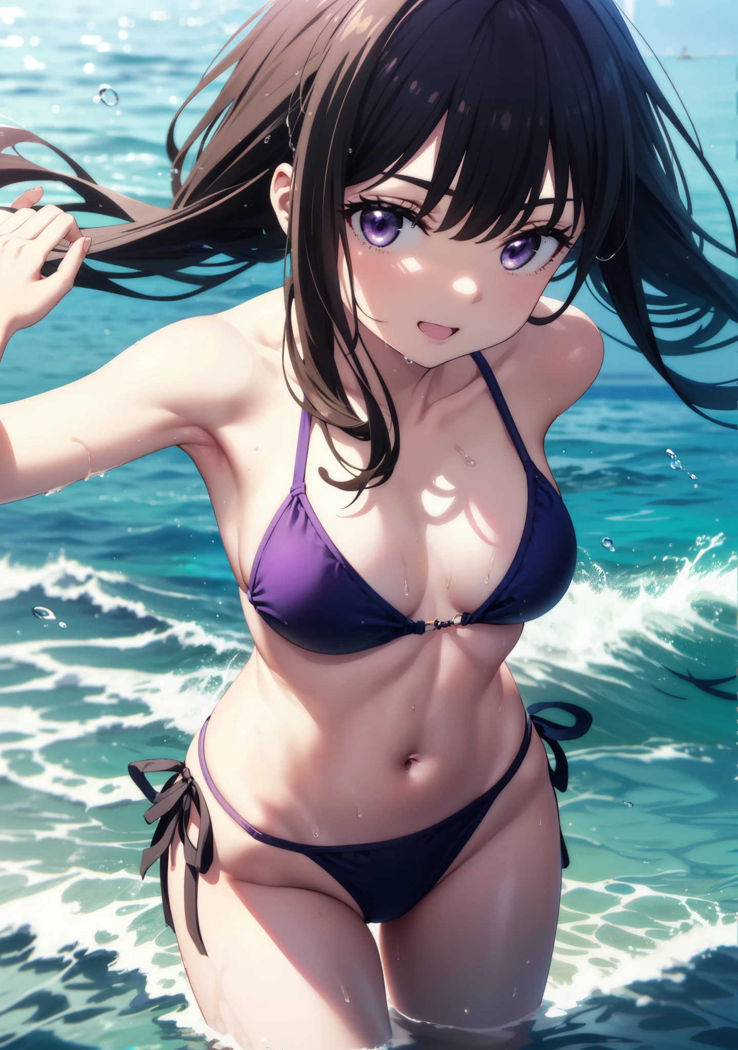 Takiuchikami, Check it out, Long Hair, bangs, Black Hair, (Purple eyes:1.2),Light blue bikini string swimsuit,barefoot,Water Play,Wet Hair,Wet Skin,Wet swimsuit,smile,Open your mouth,True Summer,whole bodyがイラストに入るように,
break outdoors,Ocean,Sandy Beach,Beach,
break looking at viewer, whole body,(Cowboy Shot:1.5),
break (masterpiece:1.2), Highest quality, High resolution, unity 8k wallpaper, (figure:0.8), (Beautiful attention to detail:1.6), Highly detailed face, Perfect lighting, Highly detailed CG, (Perfect hands, Perfect Anatomy),