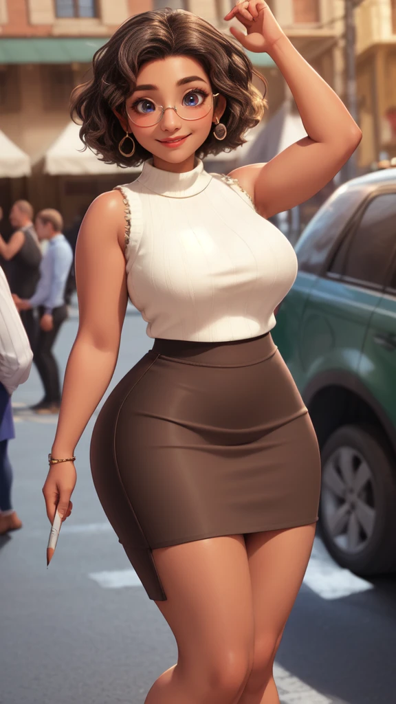 mirabel madrigal, glasses, smile, ((sleeveless sweater)), market background, (((pencil skirt))), (((brown skin))), detailed skin, perfect legs, perfect thighs, (((curvy body))), BIG BREASTS, INVITING TO SEX
