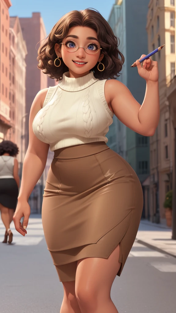 mirabel madrigal, glasses, smile, ((sleeveless sweater)), market background, (((pencil skirt))), (((brown skin))), detailed skin, perfect legs, perfect thighs, (((curvy body))), BIG BREASTS, INVITING TO SEX