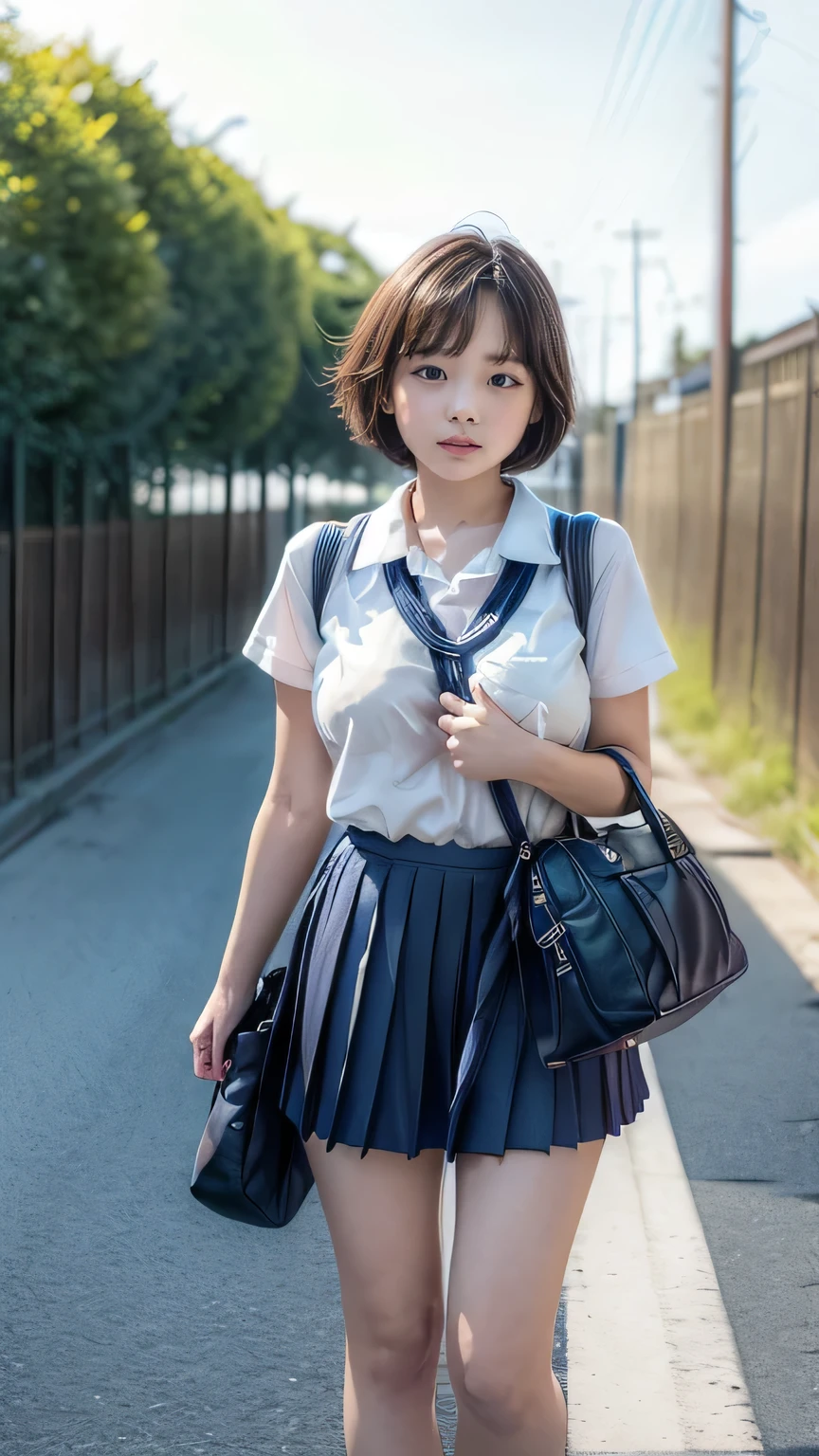 (Junior high school girls walking on the streets of Tokyo:1.2、blue sky)、((school uniform、White blouse、(Navy blue pleated skirt)、Navy blue socks、loafers)、(Sports Bags、The strap of the bag passes between the chest、paisla:1.5)、the wind is strong、(Realistic、Like a photograph、Live Action、8k, Realistic, RAW Photos, Best image quality: 1.4), Single-lens reflex camera、RAW Photos, Highest quality, Realistic, Highly detailed CG Unity 8k wallpaper, Written boundary depth, Cinematic Light, Lens flare, Ray Tracing, Realistic background、((Ultra-Dense Skin))、 A 14-year-old girl on her way to school,cute Japanese、(whole body:1.5)、Very detailedな顔，avert your eyes:1.1、(short hair:1.2、Shortcuty hair is blowing in the wind:1.4)、I like that style、stylish、Very detailed、Pay attention to the details、Perfect outfit、(Sunburned skin)、View from above、Accurate hands、Accurate legs、Detailed hands and fingers、Anatomically correct body、Thin legs、Thin thighs、Big breasts