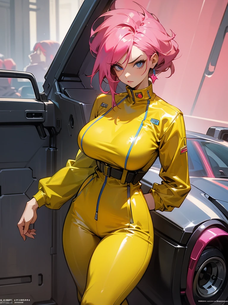Mature woman with serious look, Facial Focus, big pink hair, shining blue eyes, wearing a mustard yellow jumpsuit, breasts big, looking 35 years old, eye on the spectator, look to the camera, , the background is a cyberpunk battlefield, Free hands, thick-thighs, ((look ahead)), Masterpiece artwork,