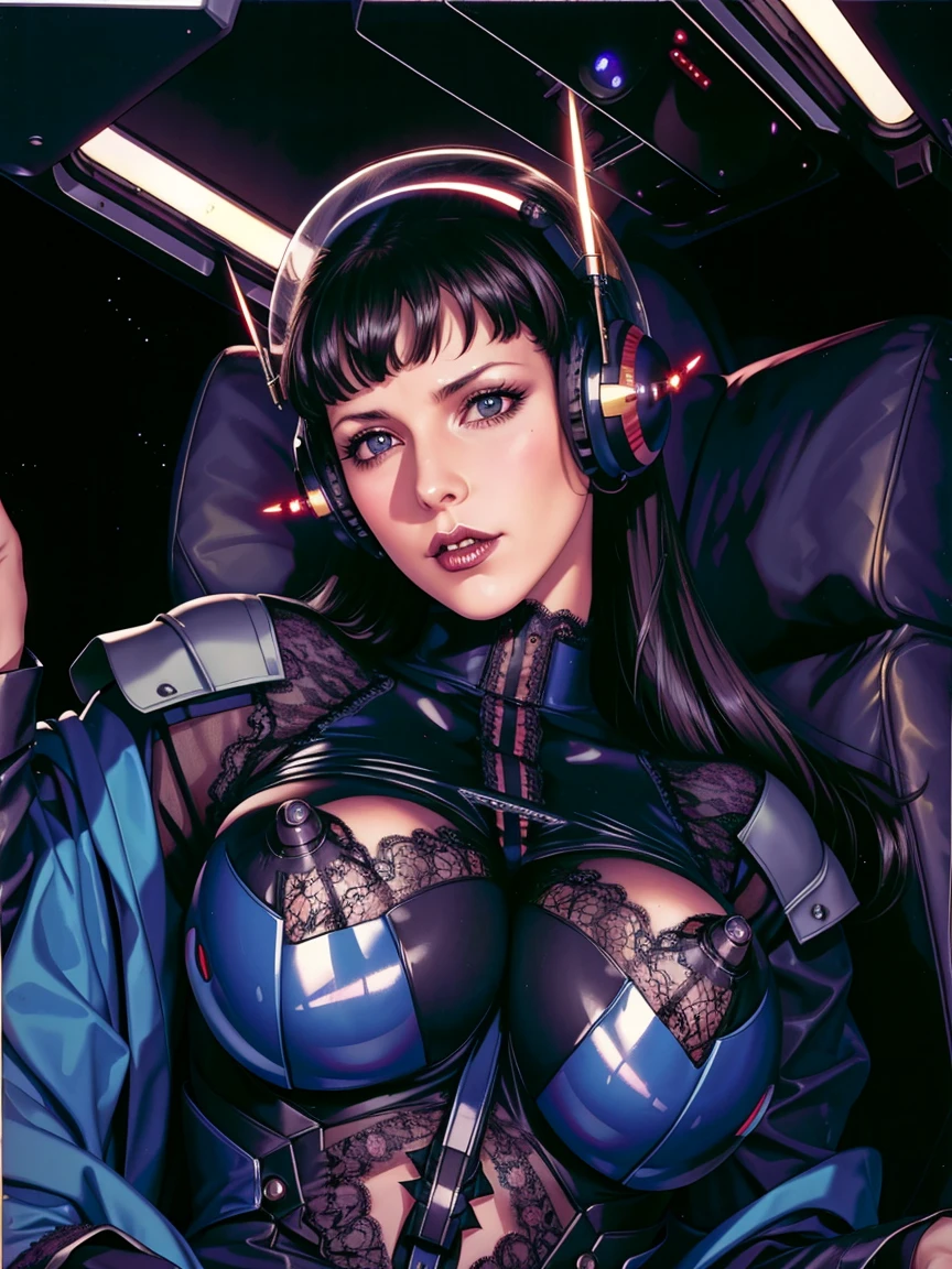 (((gothic vampire piloting) in gothic spacecraft)), (((retro anime))), ((from below)), ((120 fov)), ((((gothic)) control panels)), (((mature))), (((gothic))), (iridescent) bodysuit, ((((lace accessories)))), ((pilot seat)), ((((lying back)) pose)), (((elegant))), (((serious tone))), ((cockpit top control panel)), intricate control panel details, close-up, 1990s (style), masterpiece, ((claustrophobic)), best quality, screens, ((pilot helmet)), night, ((low key light)), (colorful cockpit lights), sparkles, (dramatic lighting), sweat, [blushing], [[pointy ears]], (realistic), (dark background)