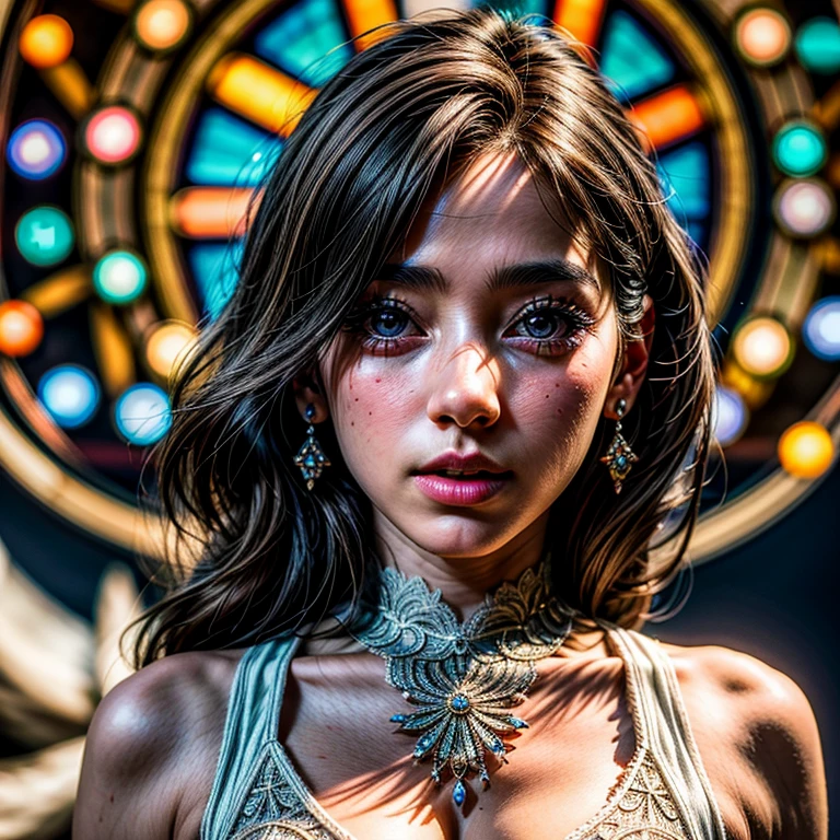 SFW, concept art, Tiny junior idol, Delicate lace knitted white clothes, (:-0.9), face closeup, (Dazzling stained glass Background), (((Renbutsu Misako), colorful Light shines through delicate stained glass:1.2, vivid red colors, lense Particle, lens flare, light Particle, Acutance:0.8)). (masterpiece:1.2),(ultra-detailed:1.37),(realistic,photorealistic,photo-realistic:1.37), (Extremely detailed KAWAII face variations, innocent expression variations), rosy cheeks, intricate detailed eyes with sparkling highlights, long eyelashes with volume, subtle blush on the face. Mystic sight, haze, impeccable skin texture, captivating gaze, ((Dynamic-angle, physically-based rendering)), whole Body proportions and all limbs are anatomically accurate .