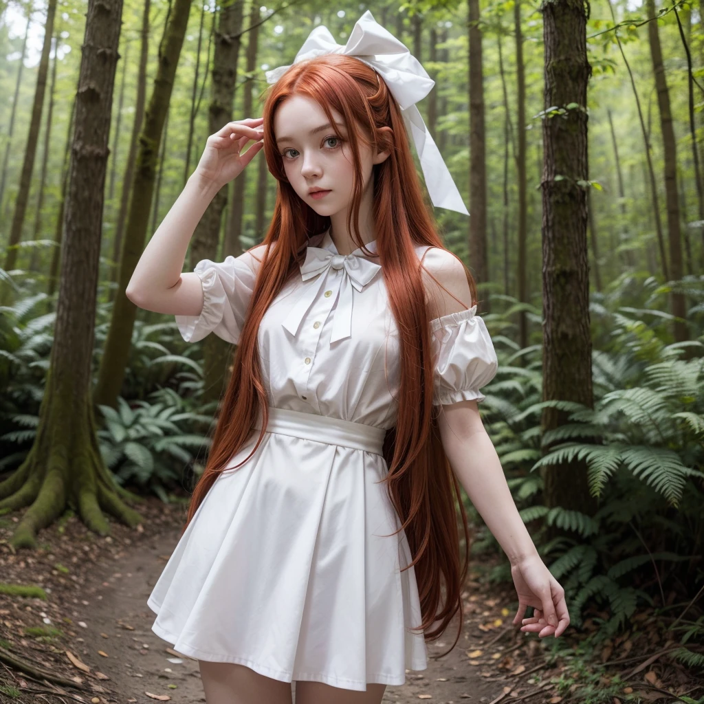 Make a girl with long red hair, yellow  eyes, wearing a white bow on her head, wearing a white closed outfit, at the forest