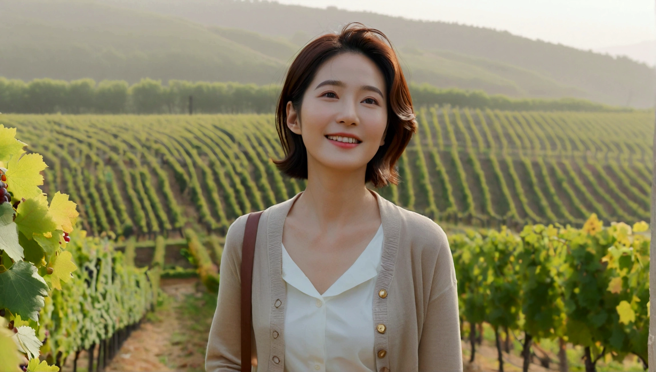best quality, In 8K, 32K, Photo of a beautiful 36-year-old Korean woman, short medium hair, Inspired by Son Ye-jin, whole body, face focus, Shirt that goes up to the neck and a short cardigan from a luxury brand, beige casual pants, Italian countryside vineyard background, Ranged、make a happy face, 새벽 진한 한개속 The cathedral is visible in the distance, There is thick fog, path, looking up the side, Wear a shirt that covers your chest, The cathedral is visible in the distance, Photo of endless vineyard scenery, look up the side. thick dawn fog, Well-groomed hair, Photo of an elegant and modest woman, Endless vineyards, Vivid picture quality, Clear picture quality, The cathedral is visible in the distance. 언덕 위 path, 1 woman