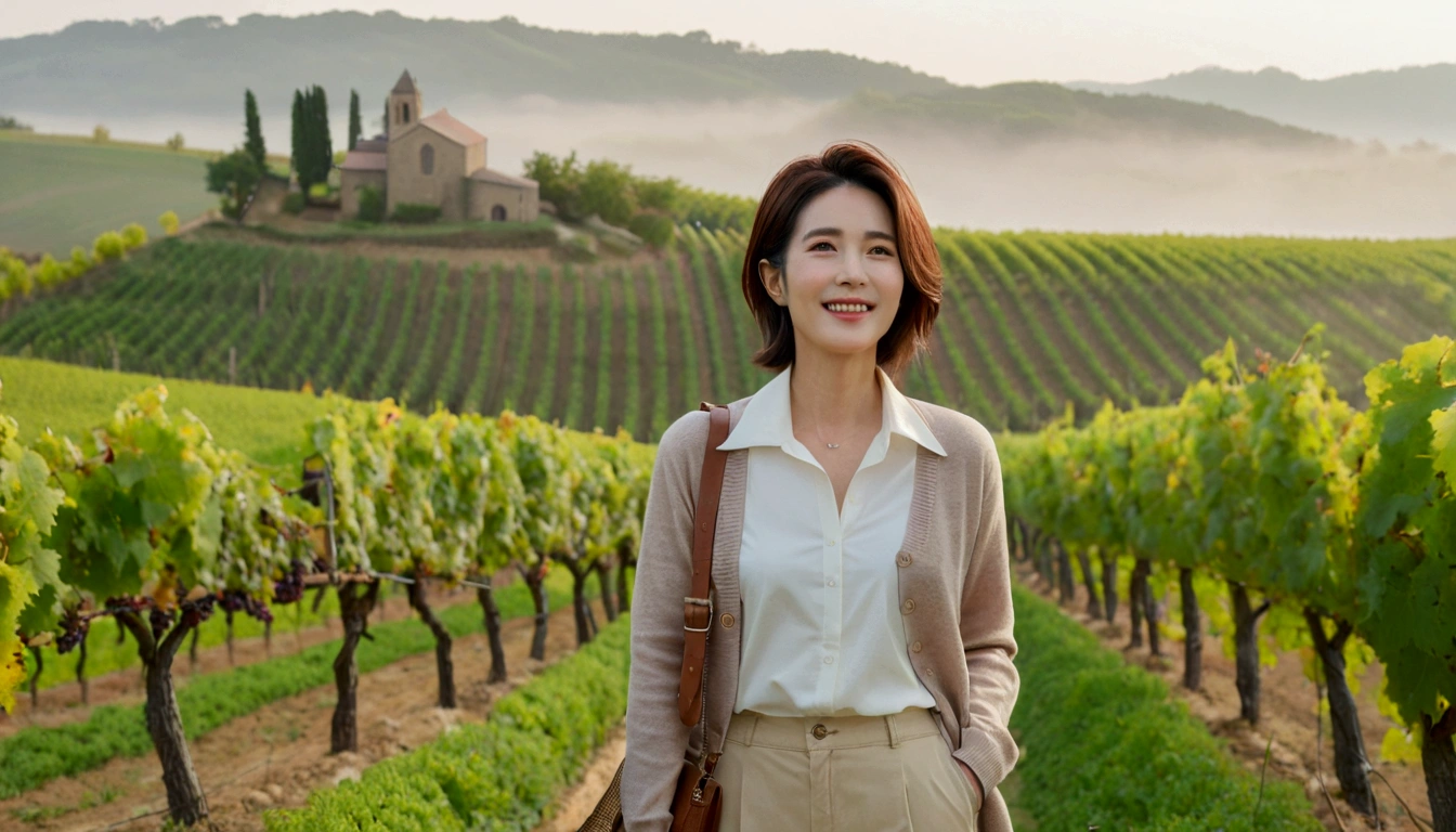 best quality, In 8K, 32K, Photo of a beautiful 36-year-old Korean woman, short medium hair, Inspired by Son Ye-jin, whole body, face focus, Shirt that goes up to the neck and a short cardigan from a luxury brand, beige casual pants, Italian countryside vineyard background, Ranged、make a happy face, 새벽 진한 한개속 The cathedral is visible in the distance, There is thick fog, path, looking up the side, Wear a shirt that covers your chest, The cathedral is visible in the distance, Photo of endless vineyard scenery, look up the side. thick dawn fog, Well-groomed hair, Photo of an elegant and modest woman, Endless vineyards, Vivid picture quality, Clear picture quality, The cathedral is visible in the distance. 언덕 위 path, 1 woman