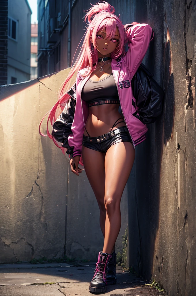 (masterpiece, best quality, 1girl, solo, dark skinned woman, black skin, intricate details, chromatic aberration), realistic, long hair, pink hair, red head ornament, pink highlights, hair over one eye,purple eyes, earrings, sharp eyes, choker, neon shirt, open jacket, crop top, long boots, (symmetry eyes),(perfect symmetrical body),against wall, brick wall, graffiti, dim lighting, alley ,look at viewer, showing all body, whole body on picture (head to toes), sexy pose, posing for a picture