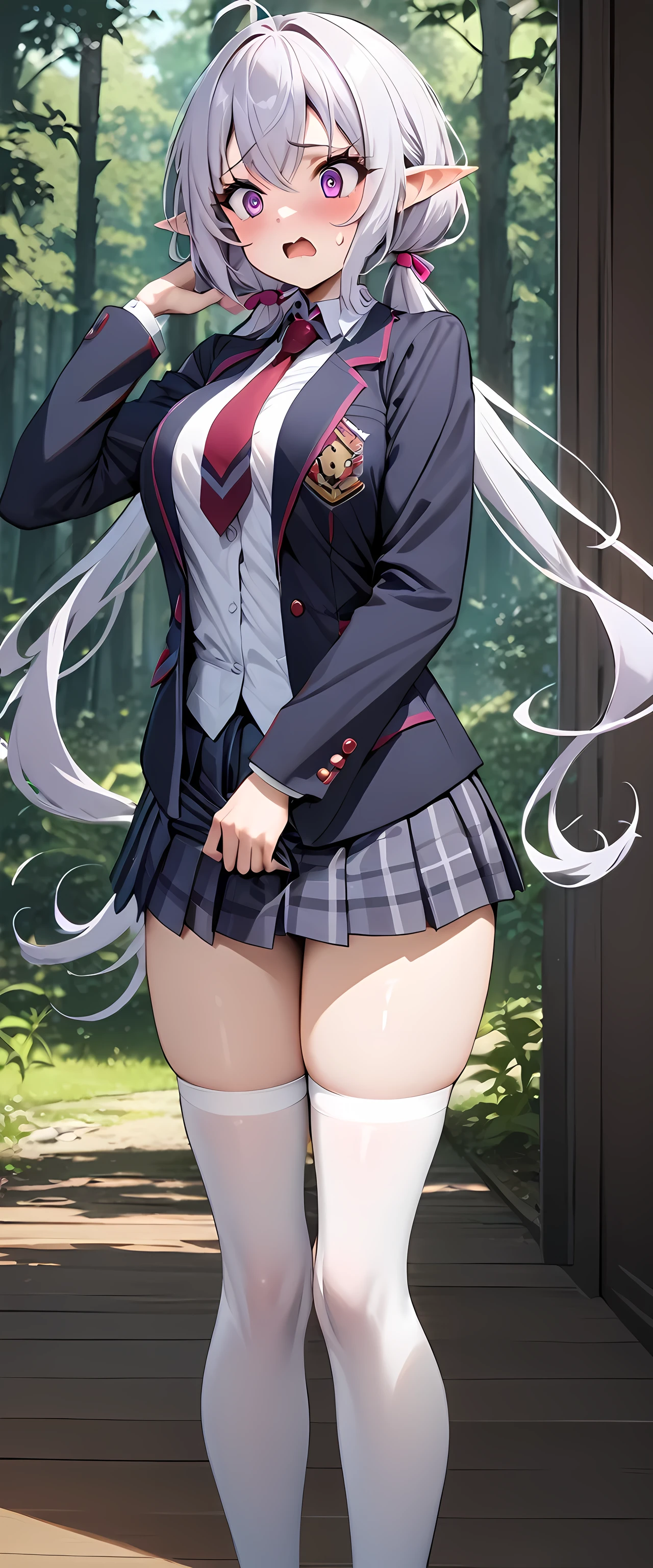 (masterpiece), best quality, expressive eyes, perfect face,1girl,YukineChris,forest,day,forest lake,standing,long hair, purple eyes, twintails,low twintails, ahoge, large breasts, indoors, , blazer, necktie, white thighhighs, pleated skirt, open jacket,shocked expression,hand behind head,pointy ears,undressing