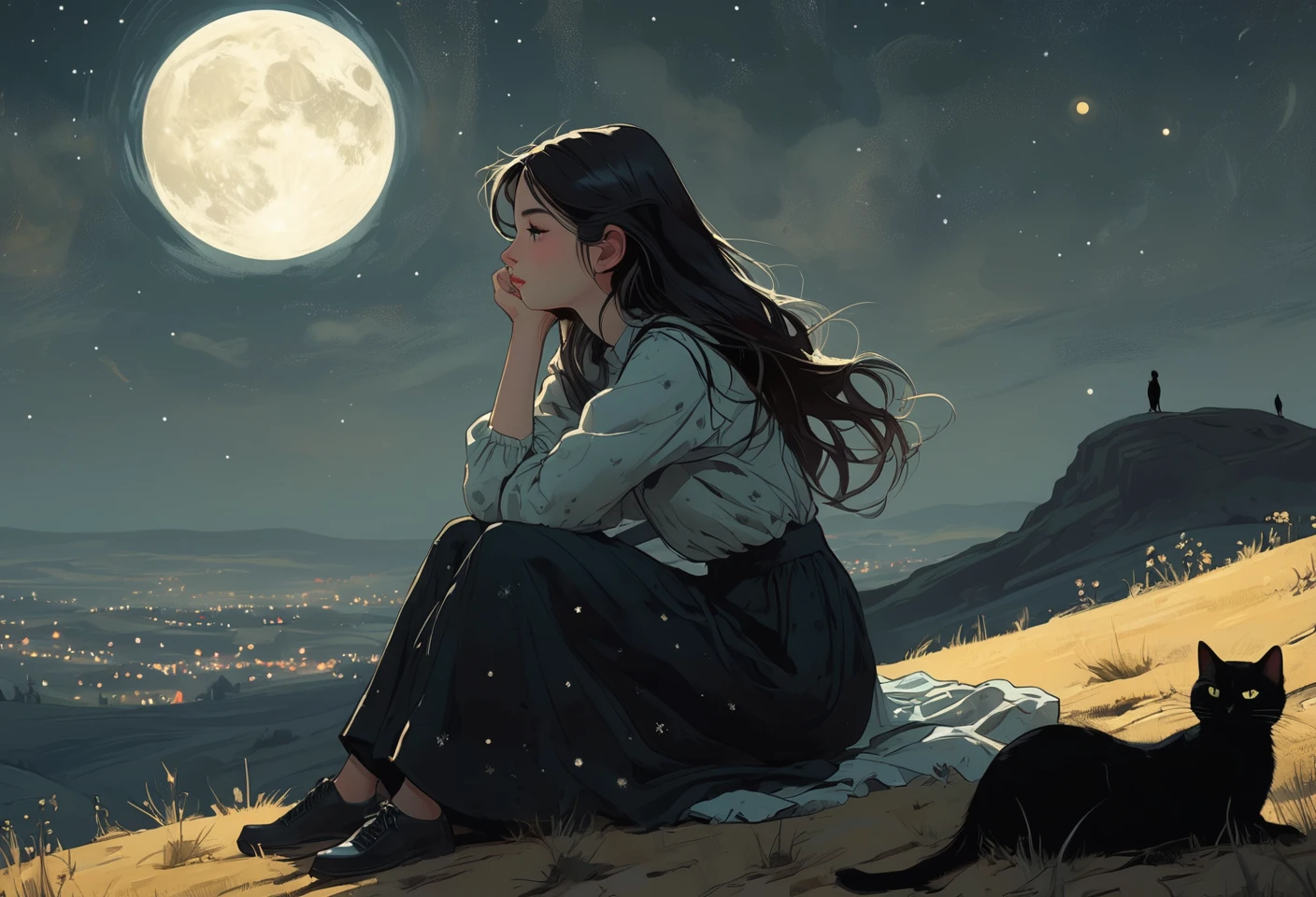 Closeup of a girl stargazer lying on a moonlit hill, contemplating the vastness of the universe. A black cat is sitting beside her. Eerie, unsettling, dark, spooky, suspenseful, grim, highly detailed 