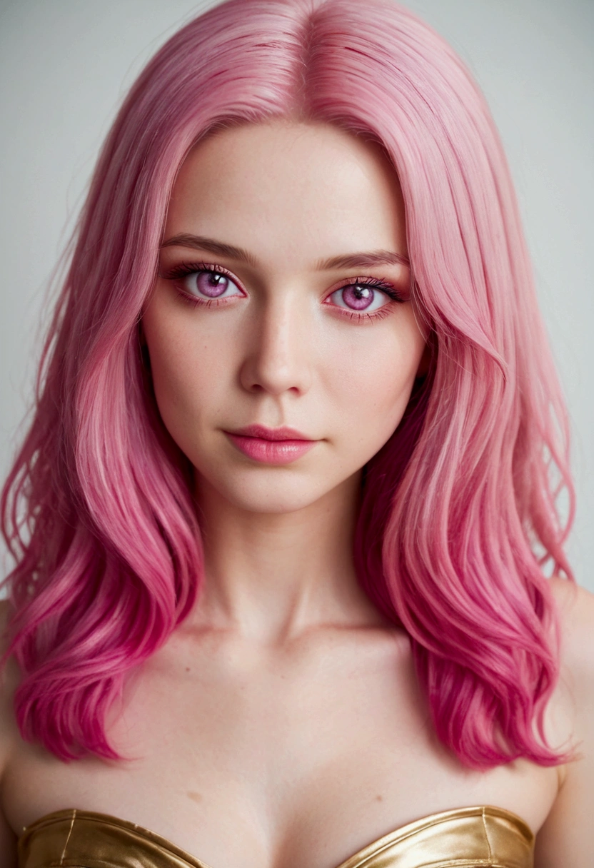 Adorable fair skinned pink haired magenta eyed European  and slender young woman pink gold rose gold color theme outfit