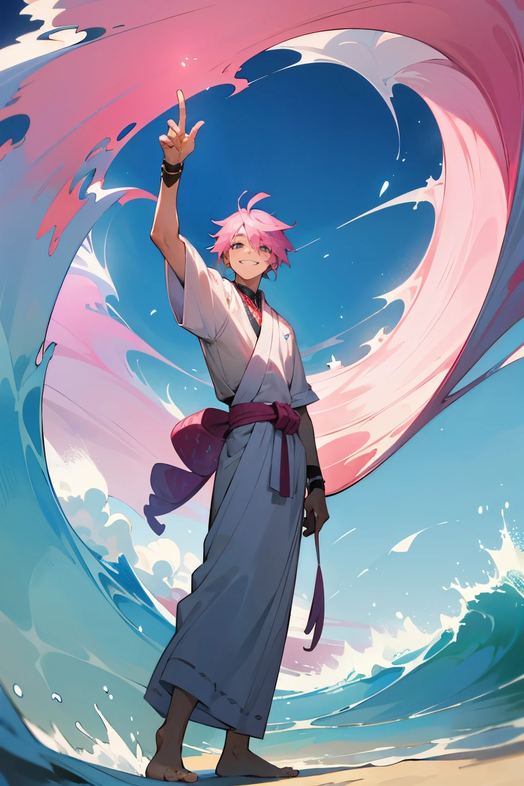 1male, Pink Hair, Unique Clothing, Straight Hair, White Sarong, Grey Eyes, Smiling, Tall, Wave Controller, Adult, Standing