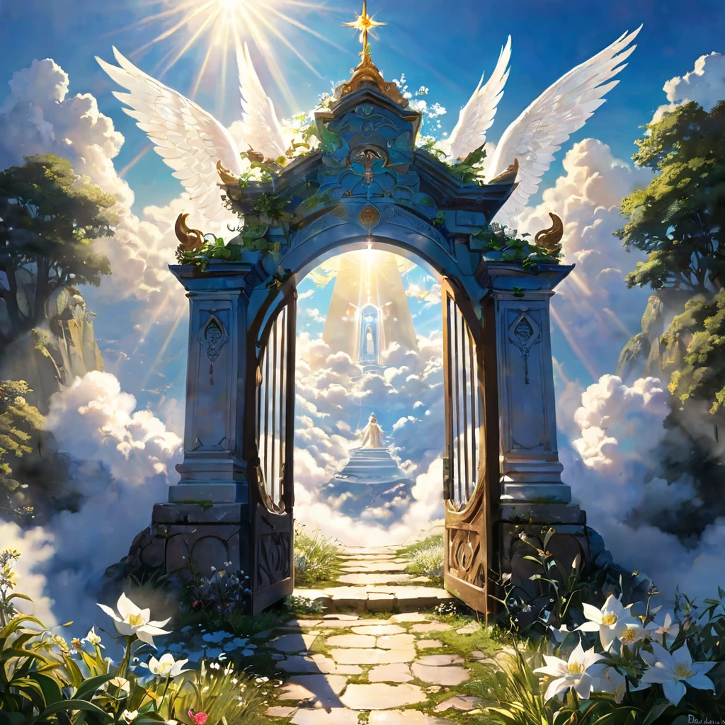 Shrine above the clouds, An angelic visit, Perfect lighting, Return the gate, A sacred space filled with light.